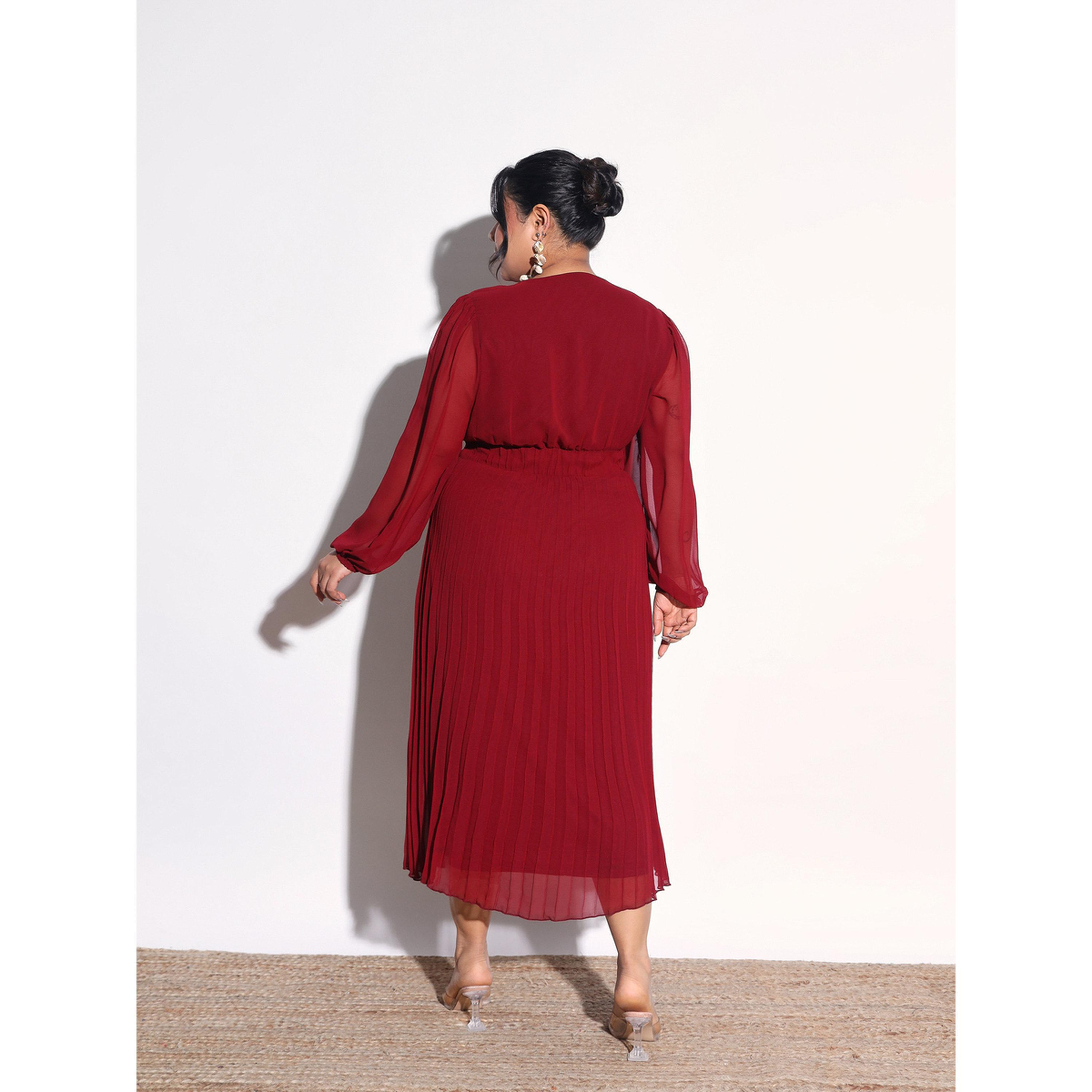 Sassafras X Styli Plus Size Maroon V-Neck Pleated Midi Dress-women-clothing-dresses-image-5