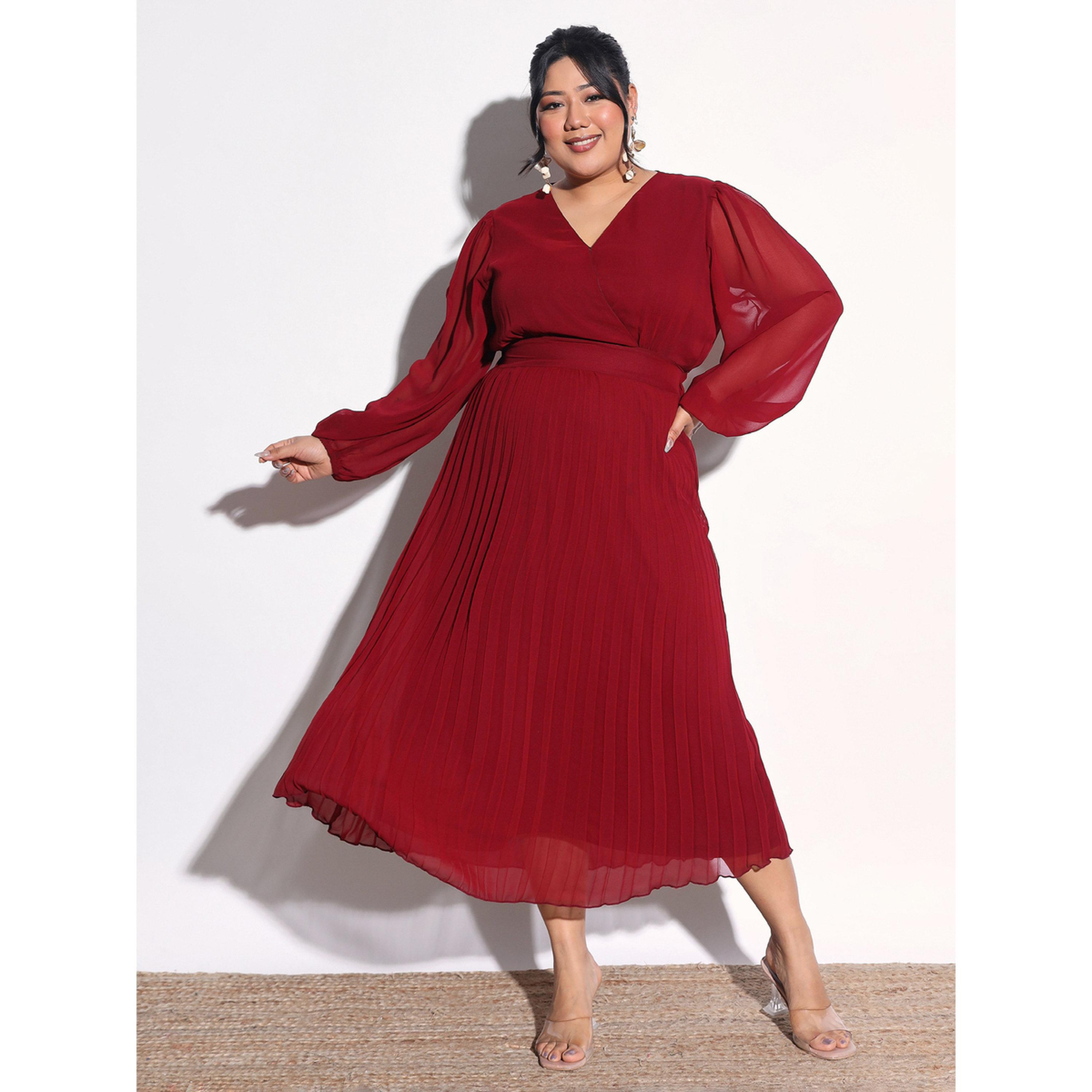 Sassafras X Styli Plus Size Maroon V-Neck Pleated Midi Dress-women-clothing-dresses-image-6