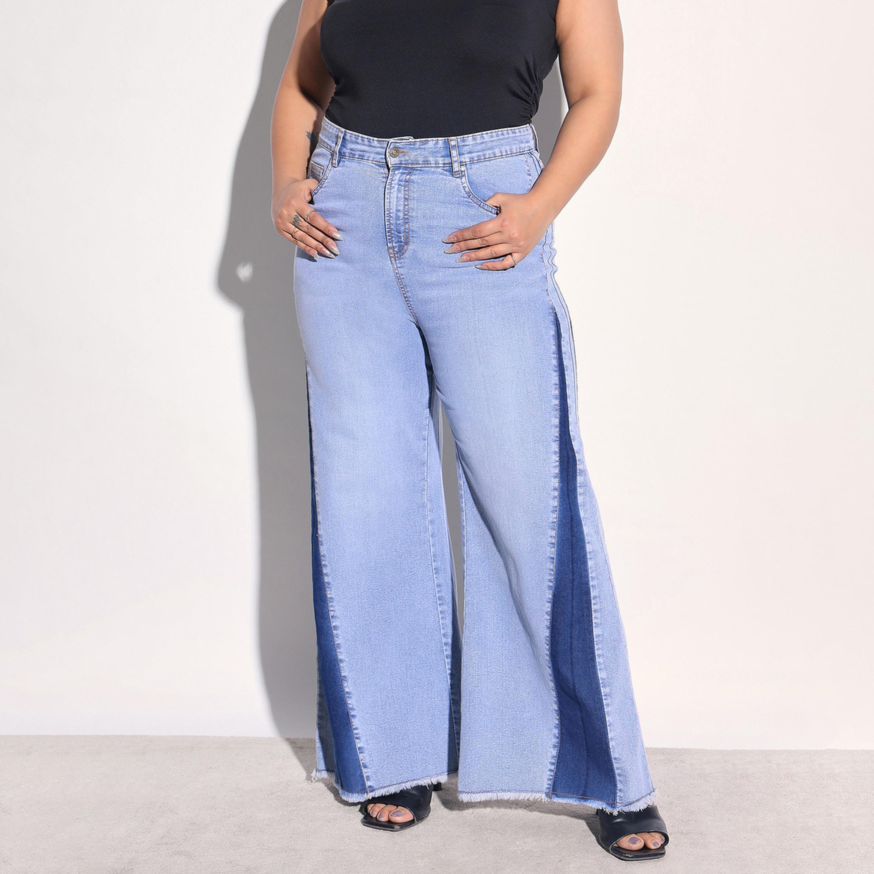 ساسافراس × ستايلي - بنطلون جينز واسع الساقين مقاس واسع وألوان متداخلة جانبية-women-clothing-bottoms-jeans-image-1