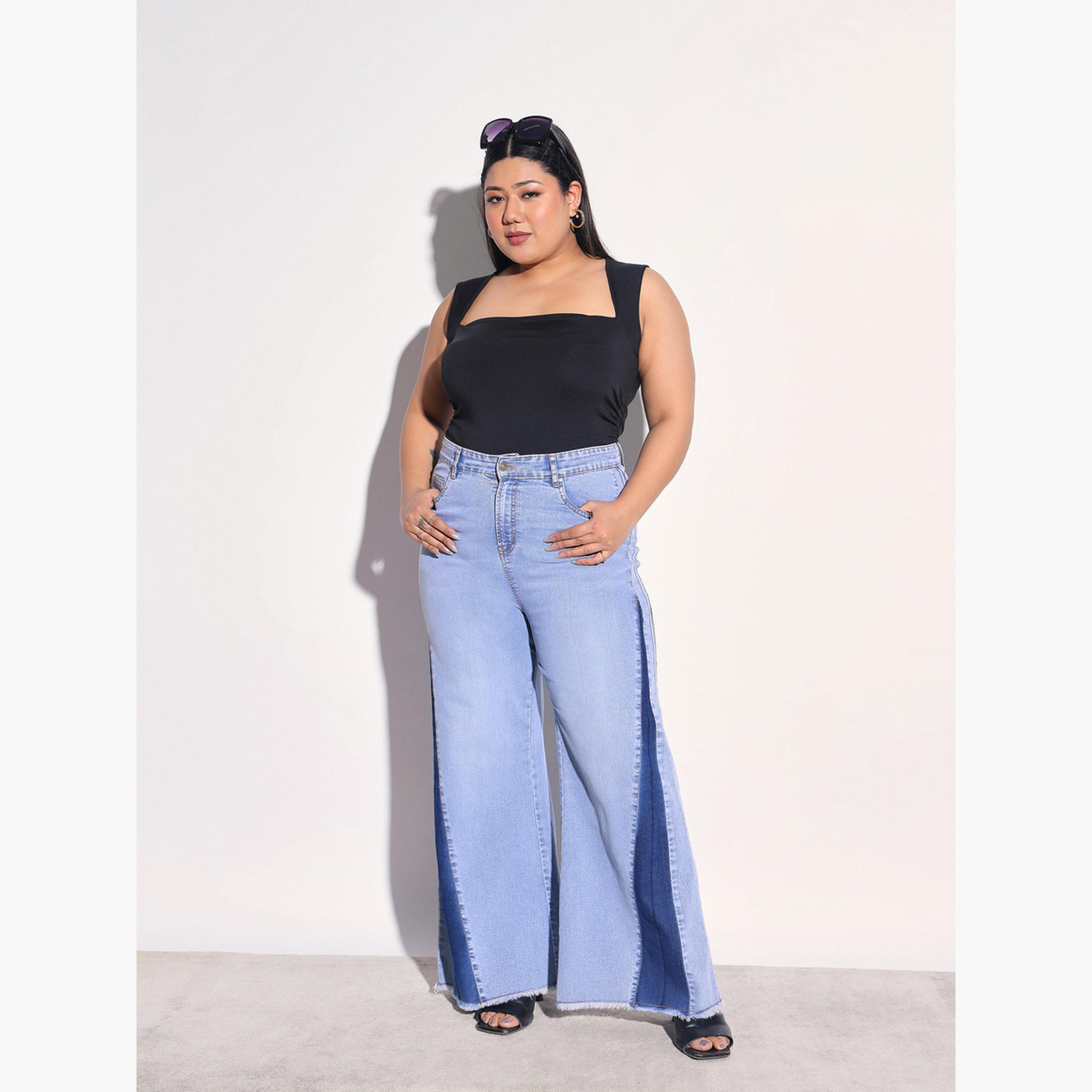 ساسافراس × ستايلي - بنطلون جينز واسع الساقين مقاس واسع وألوان متداخلة جانبية-women-clothing-bottoms-jeans-image-2