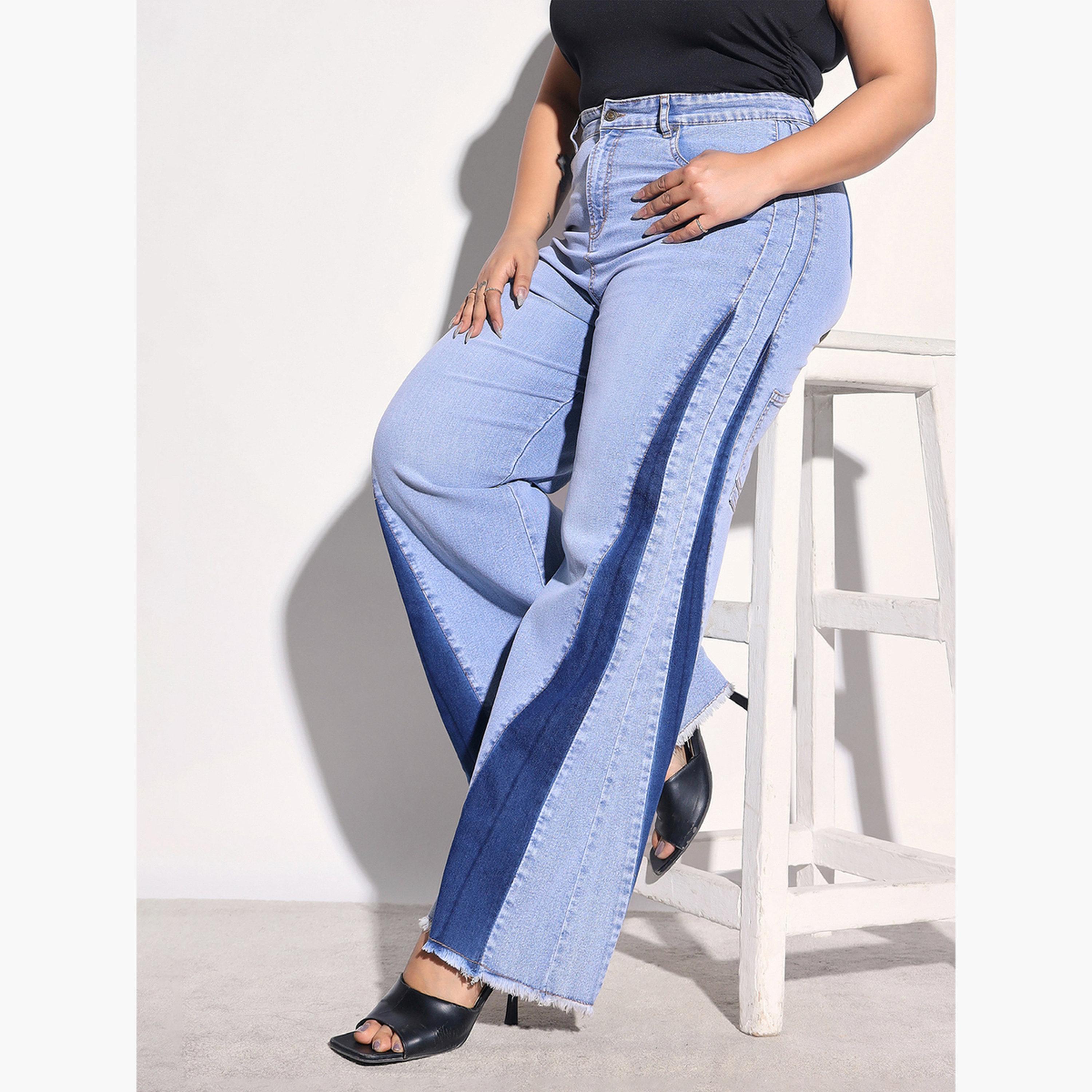 ساسافراس × ستايلي - بنطلون جينز واسع الساقين مقاس واسع وألوان متداخلة جانبية-women-clothing-bottoms-jeans-image-3