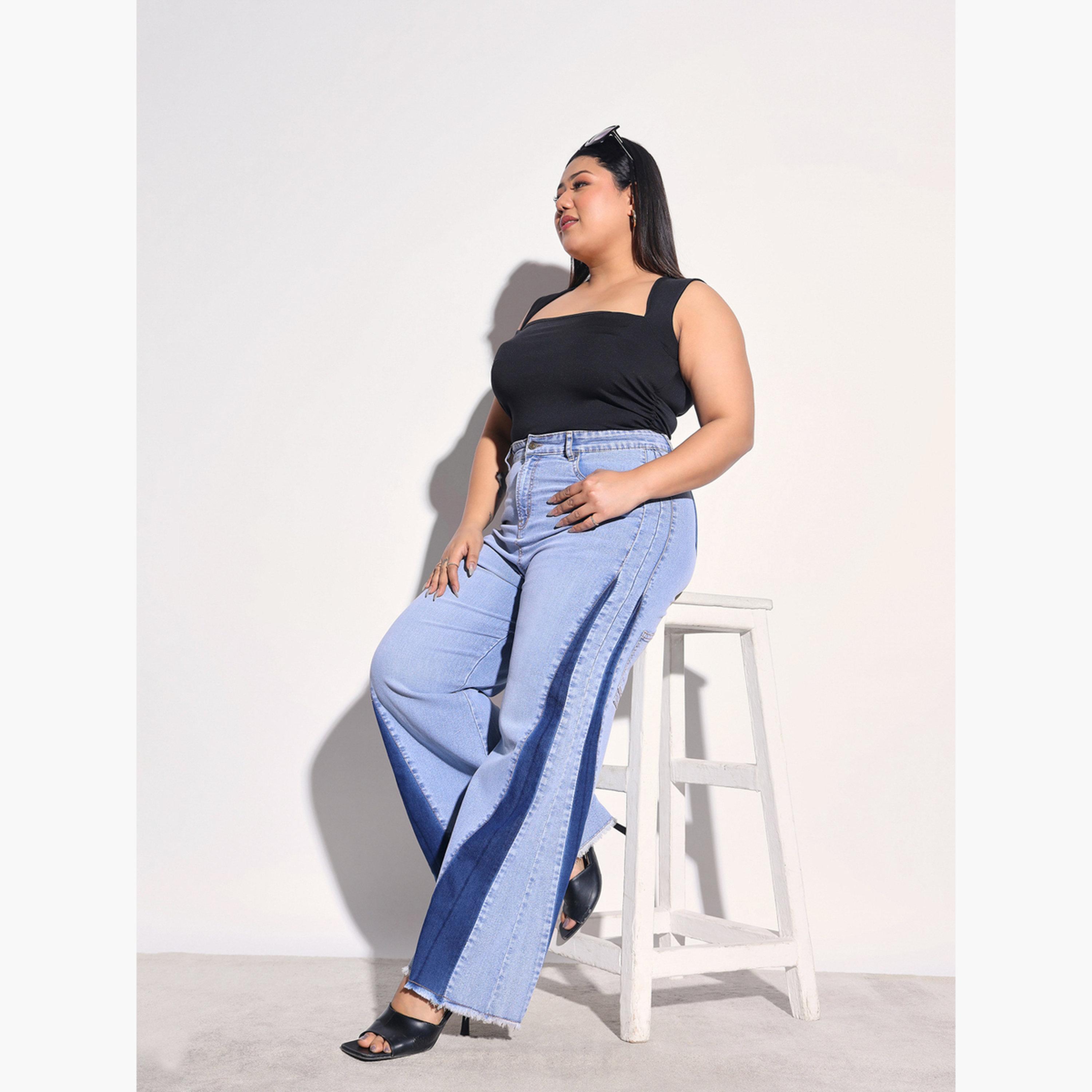 ساسافراس × ستايلي - بنطلون جينز واسع الساقين مقاس واسع وألوان متداخلة جانبية-women-clothing-bottoms-jeans-image-8