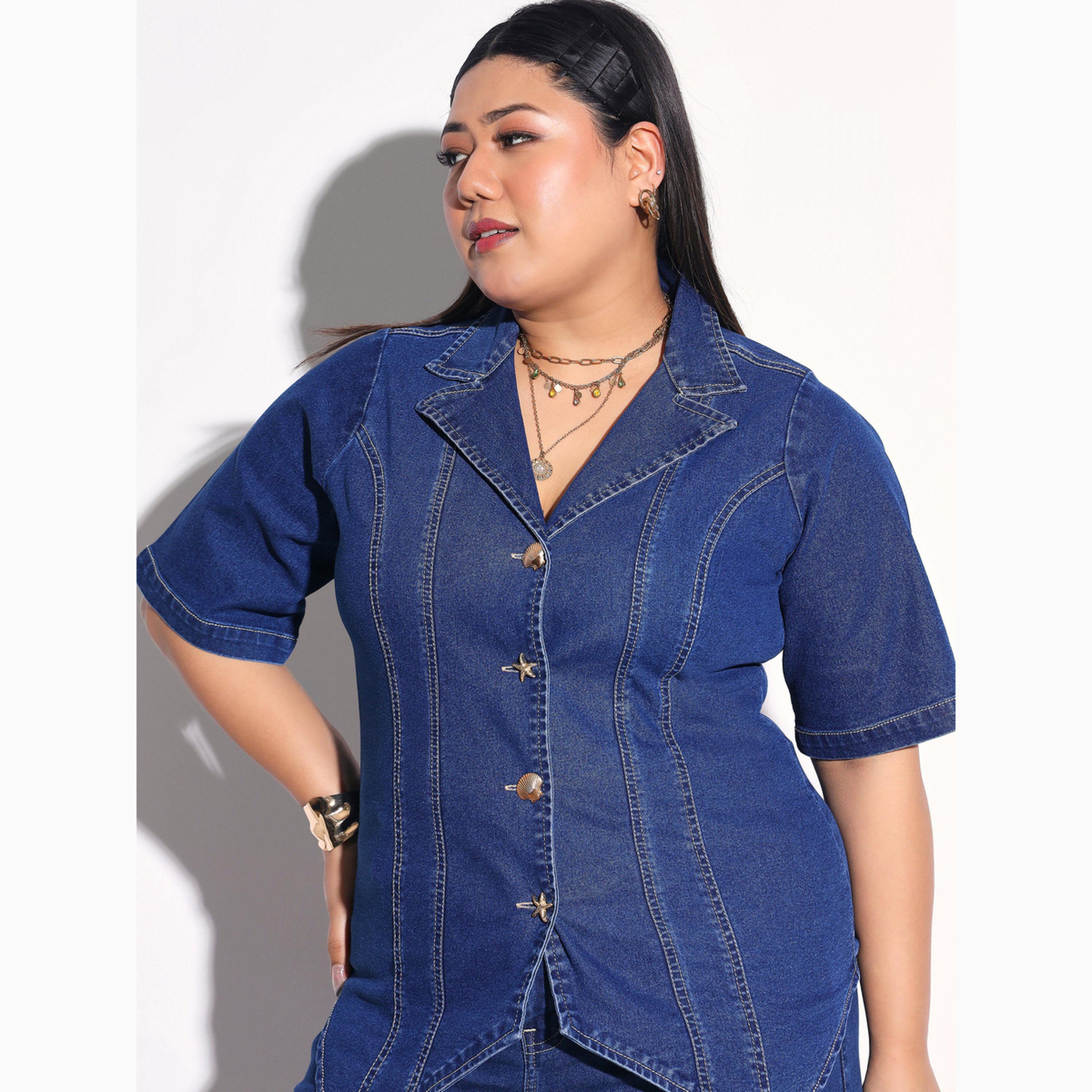 طقم منسق من جينز بحواف مطوية وبلوزة دنيم بتفاصيل درزات مقاس كبير-women-clothing-coordsets-image-4