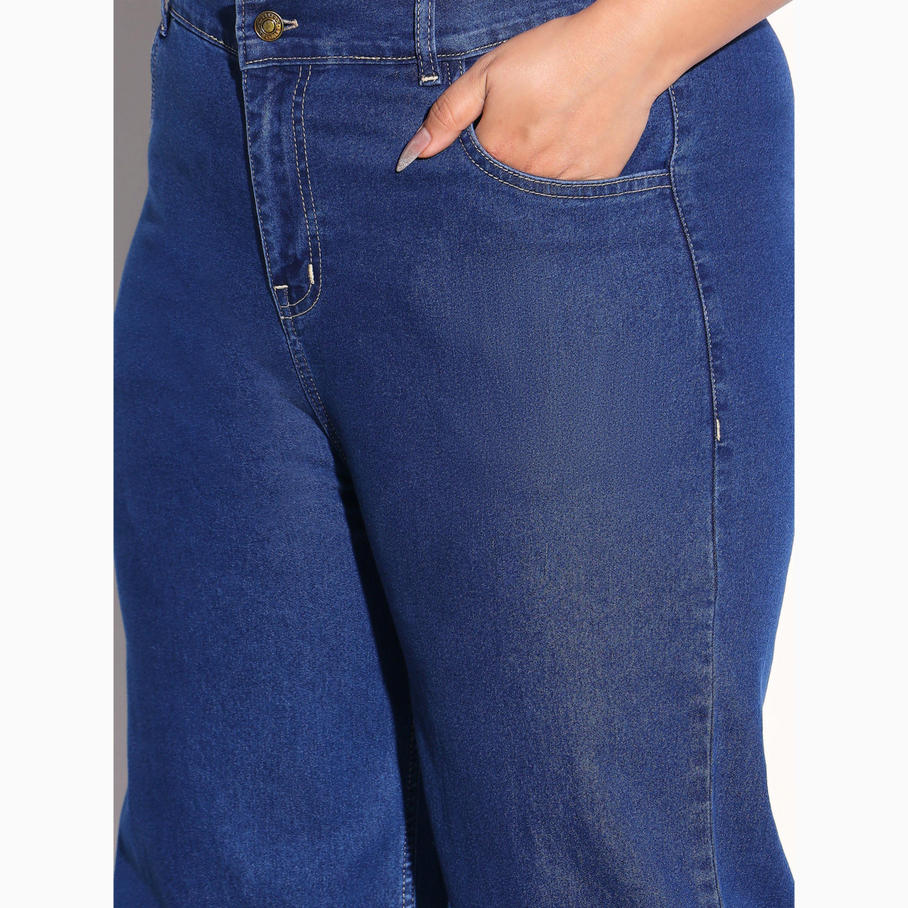 طقم منسق من جينز بحواف مطوية وبلوزة دنيم بتفاصيل درزات مقاس كبير-women-clothing-coordsets-image-5