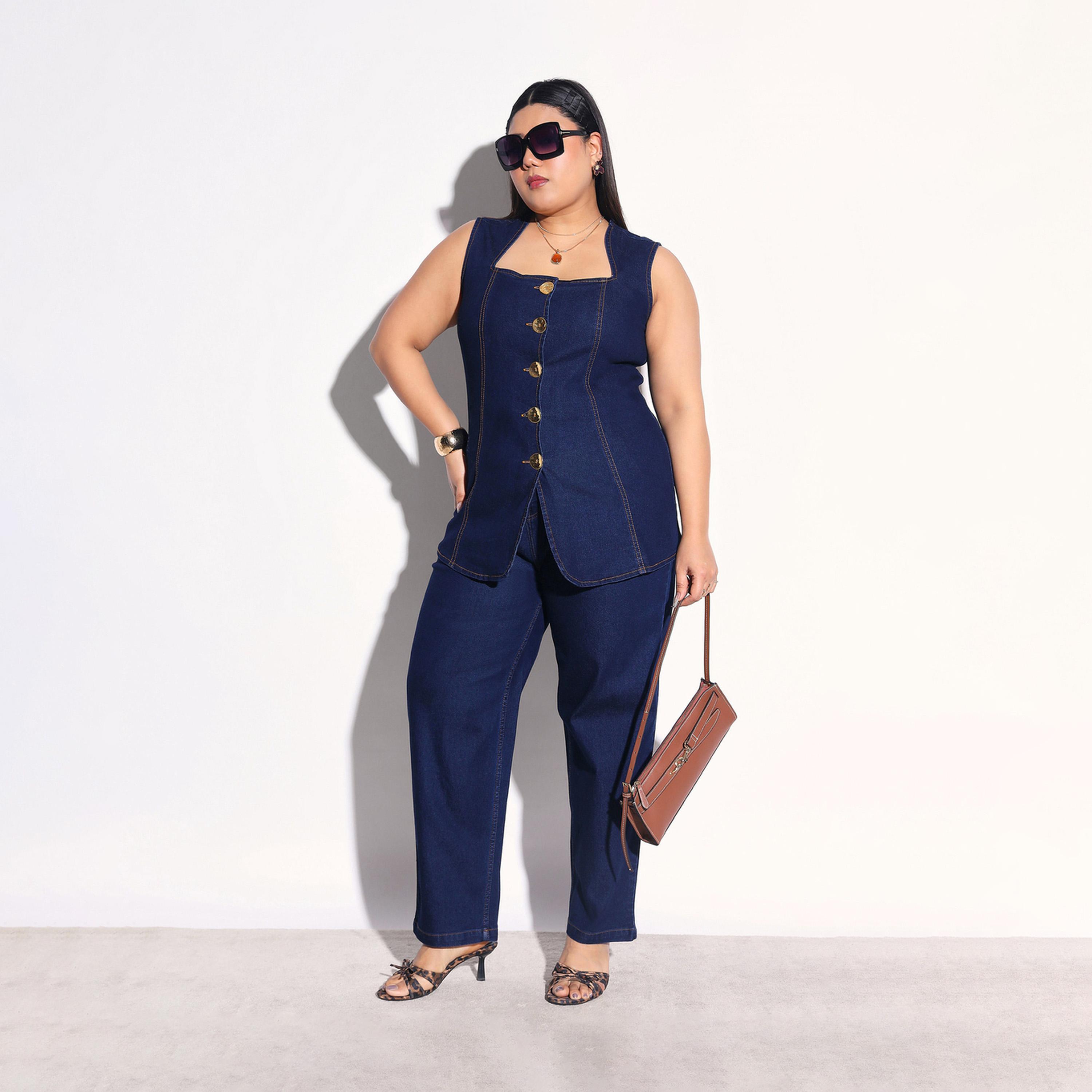 طقم منسق من جينز بقصة موم وبلوزة دنيم بلا أكمام مقاس كبير-women-clothing-coordsets-image-1