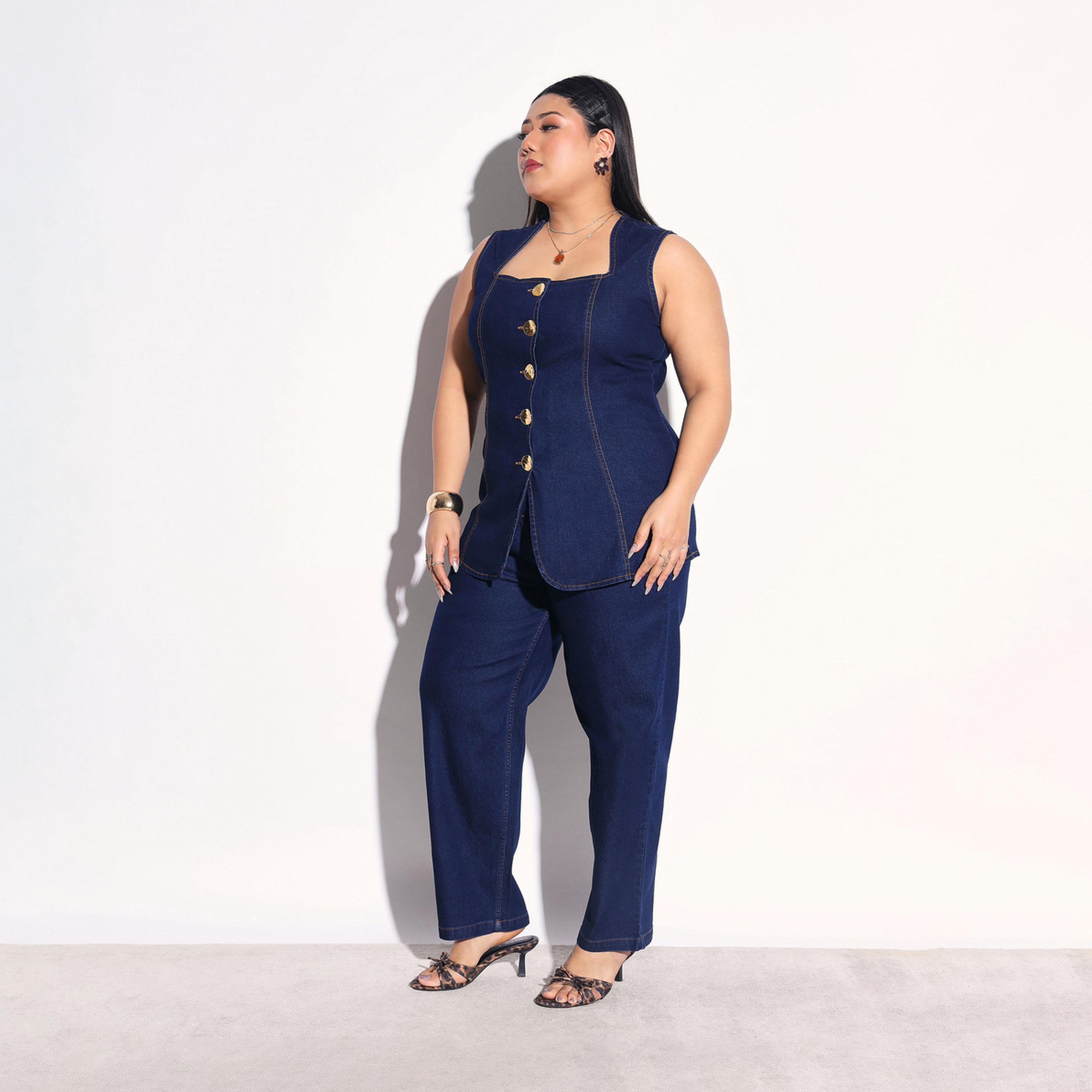 طقم منسق من جينز بقصة موم وبلوزة دنيم بلا أكمام مقاس كبير-women-clothing-coordsets-image-3