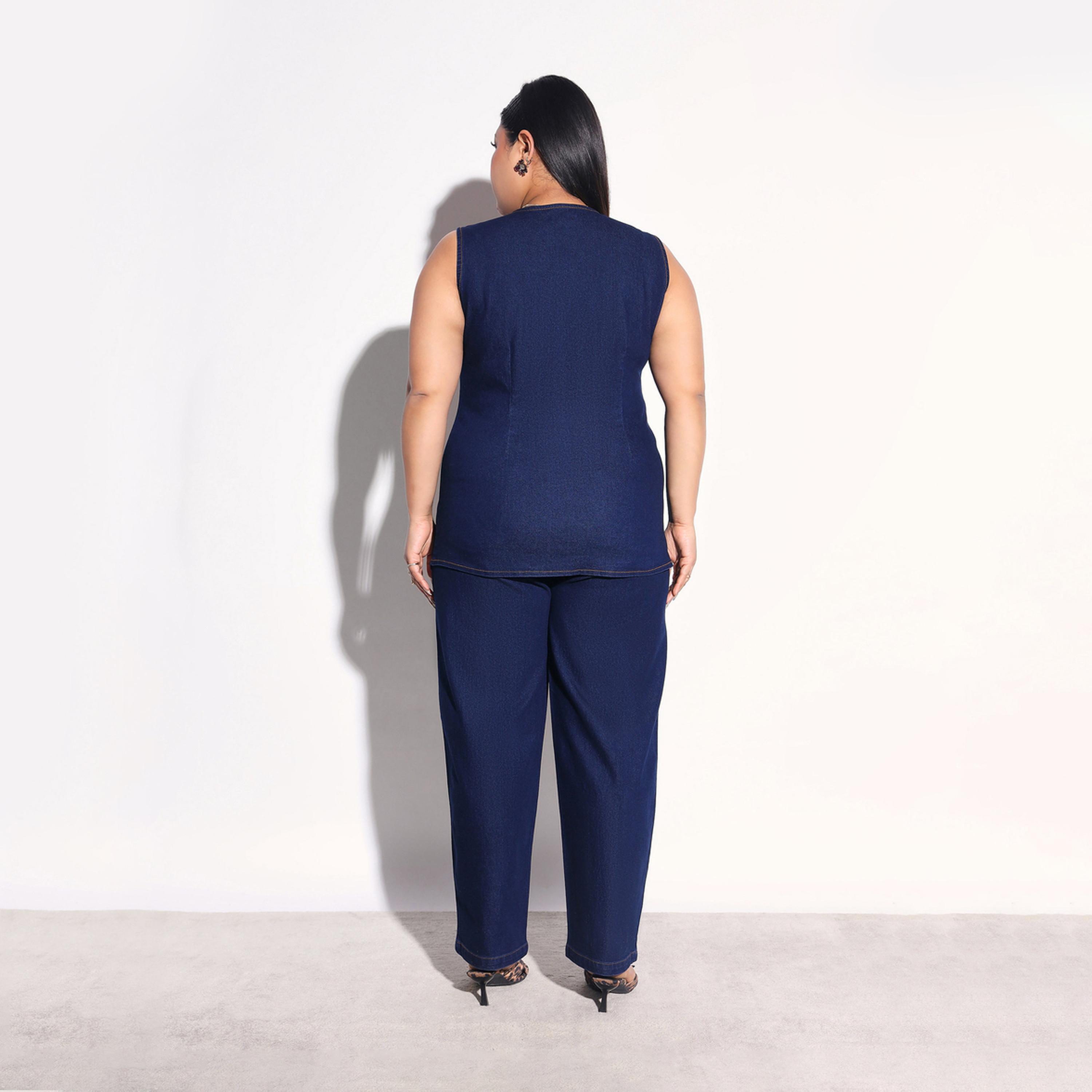 طقم منسق من جينز بقصة موم وبلوزة دنيم بلا أكمام مقاس كبير-women-clothing-coordsets-image-4