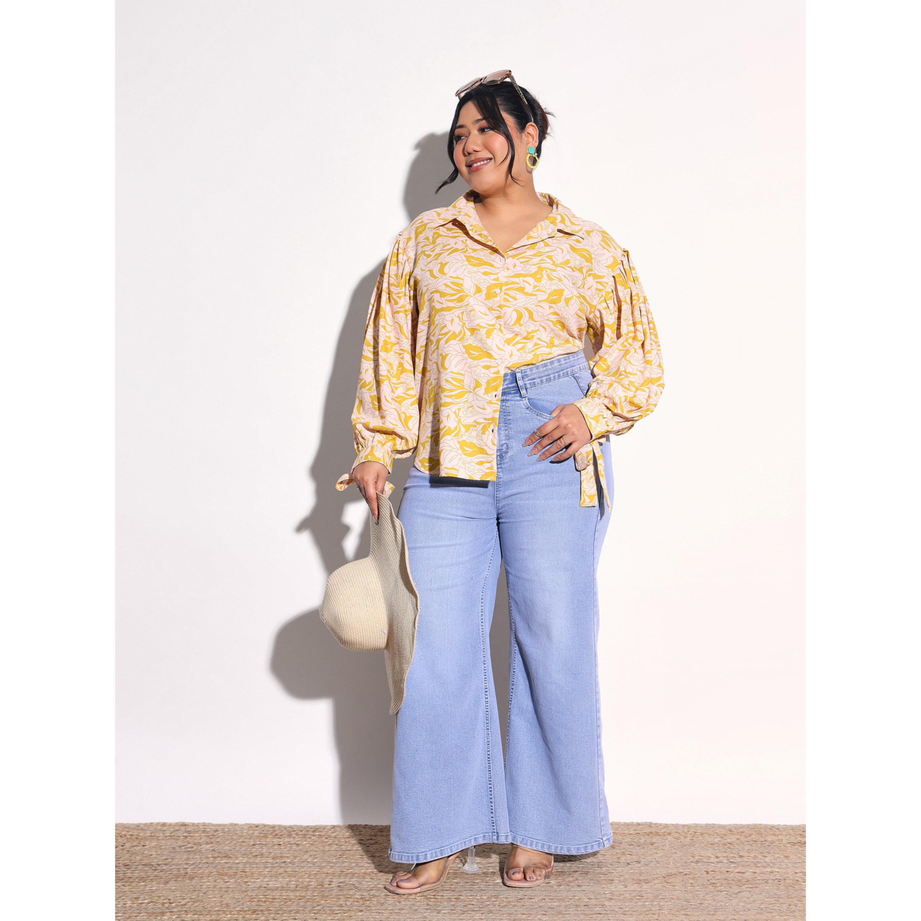 Sassafras X Styli Plus Size Yellow Floral Print Collared Shirt-women-clothing-shirtsandblouses-shirts-image-2