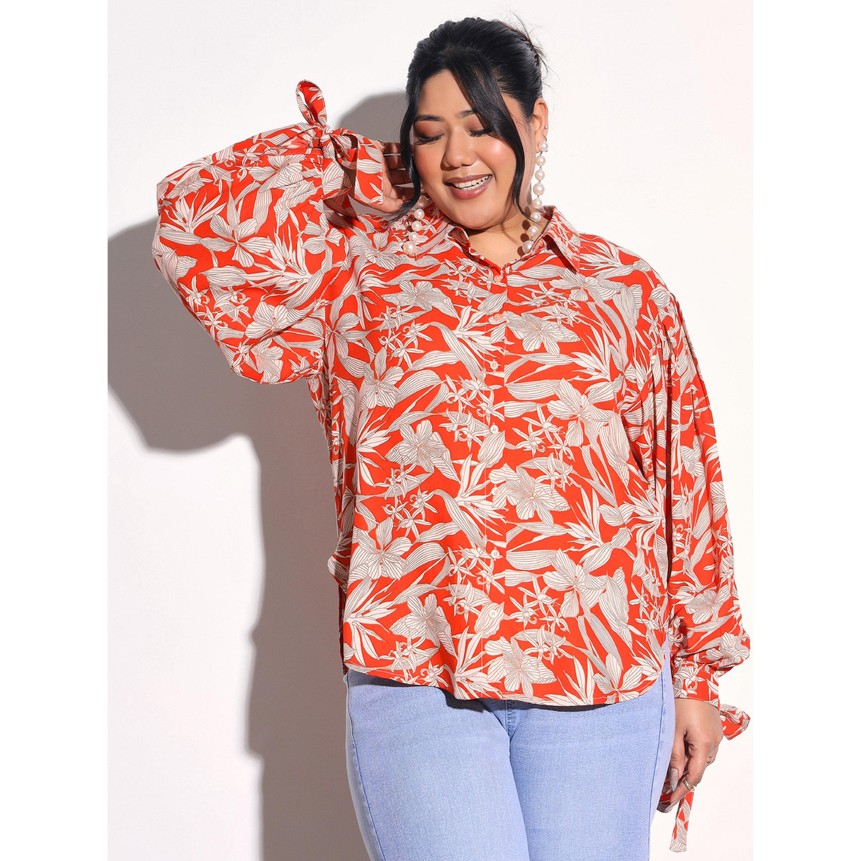 Sassafras X Styli Plus Size Orange Floral Print Collared Shirt-women-clothing-shirtsandblouses-shirts-image-1