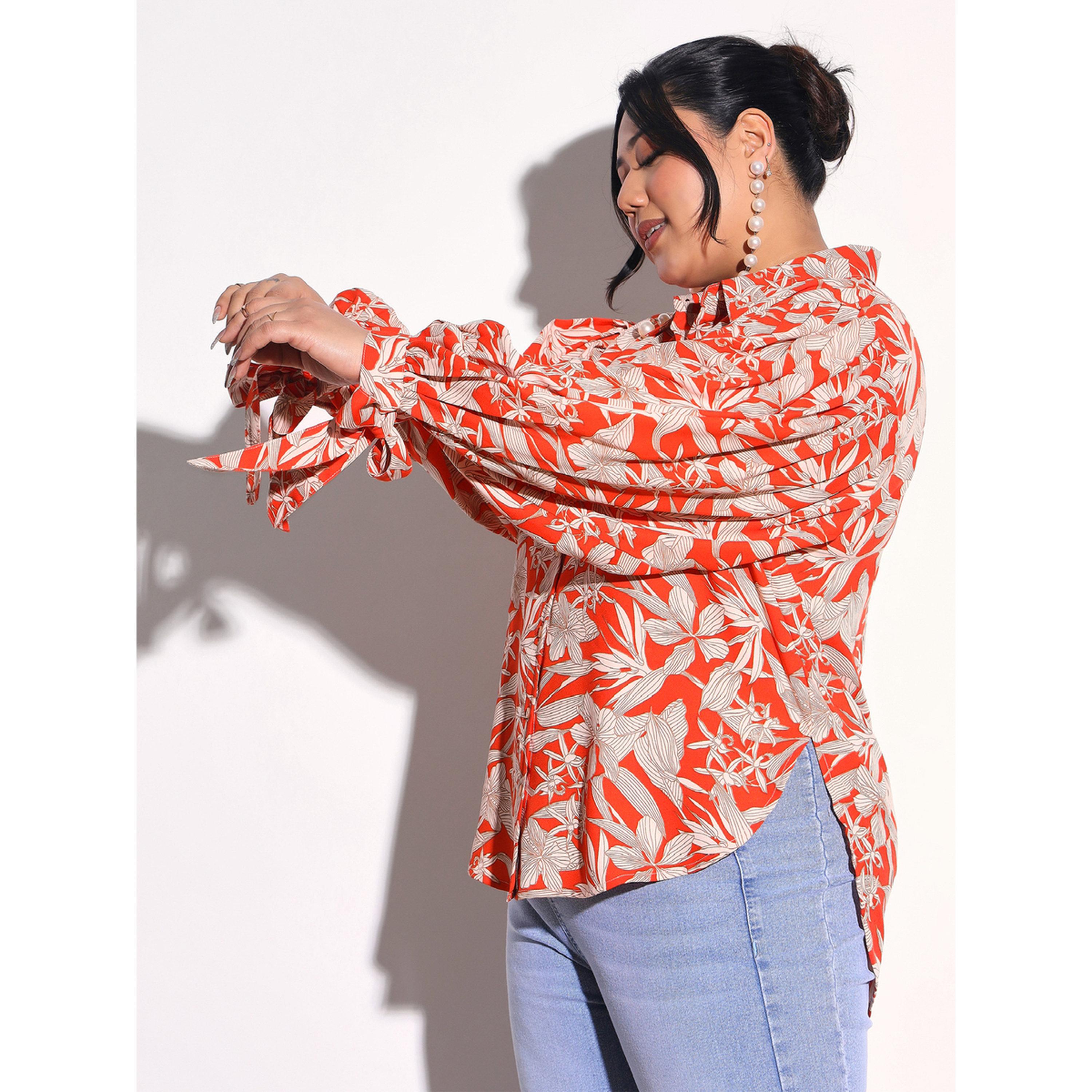Sassafras X Styli Plus Size Orange Floral Print Collared Shirt-women-clothing-shirtsandblouses-shirts-image-3