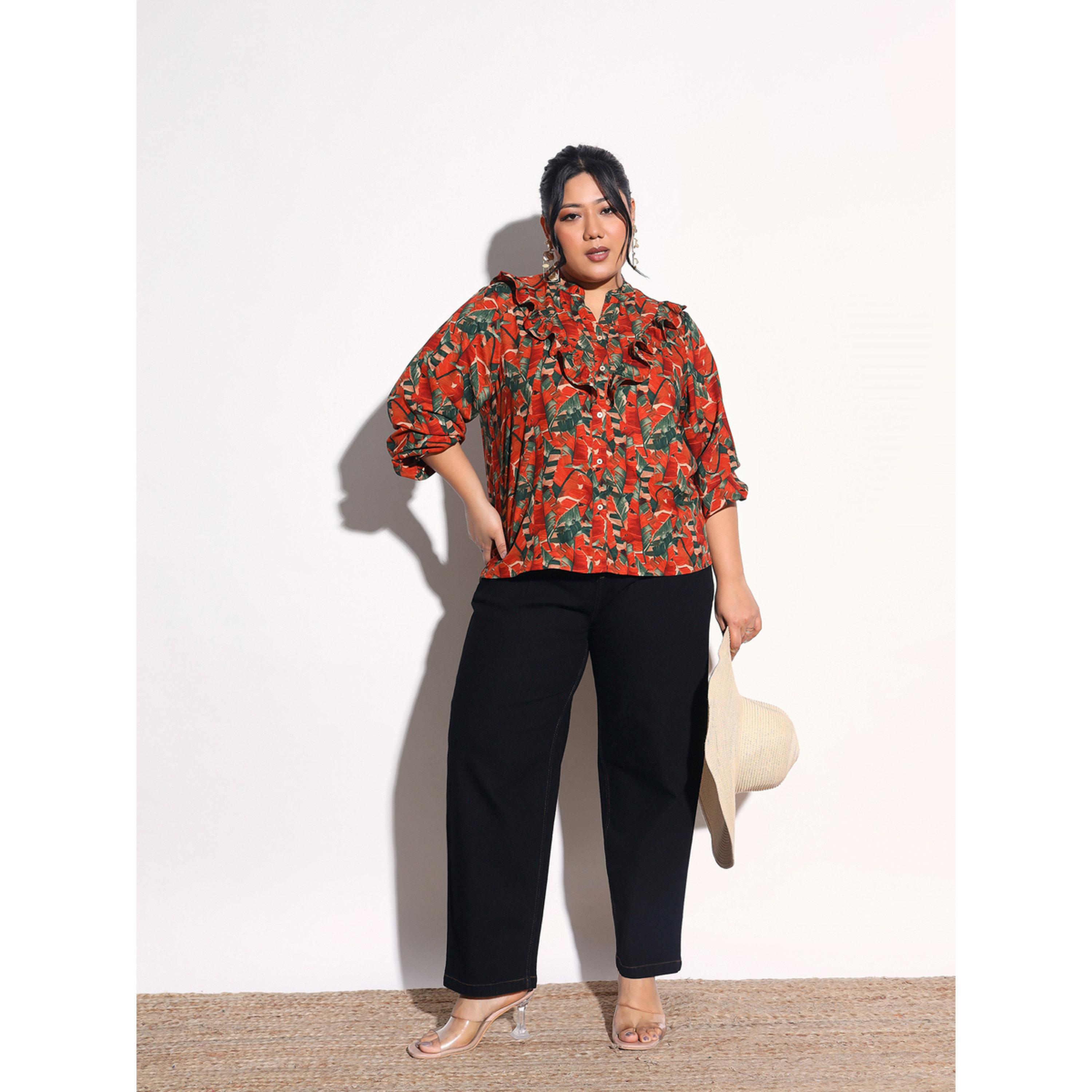 Sassafras X Styli Plus Size Rust Tropical Print Front Frill Shirt-women-clothing-shirtsandblouses-shirts-image-2