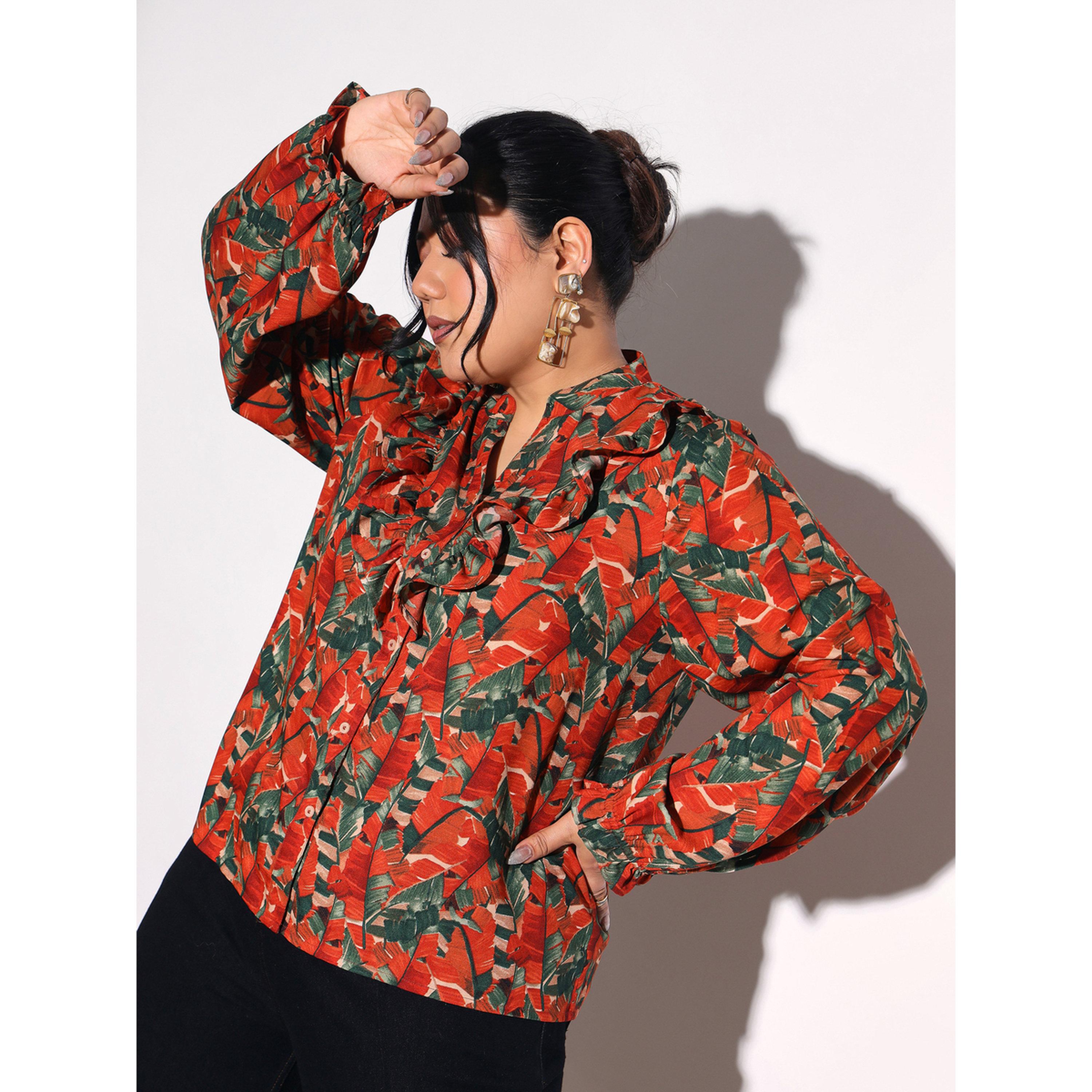 Sassafras X Styli Plus Size Rust Tropical Print Front Frill Shirt-women-clothing-shirtsandblouses-shirts-image-4