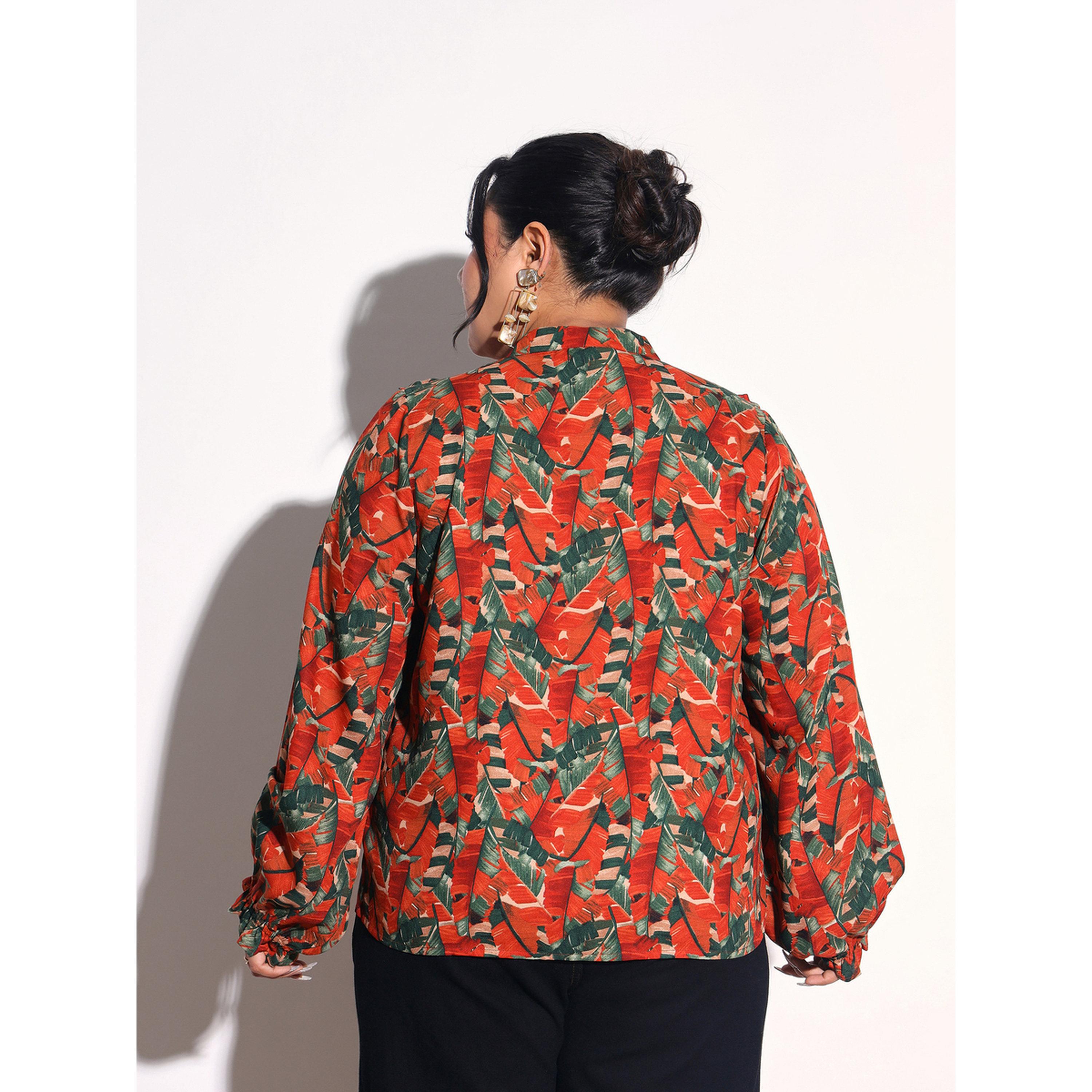 Sassafras X Styli Plus Size Rust Tropical Print Front Frill Shirt-women-clothing-shirtsandblouses-shirts-image-5