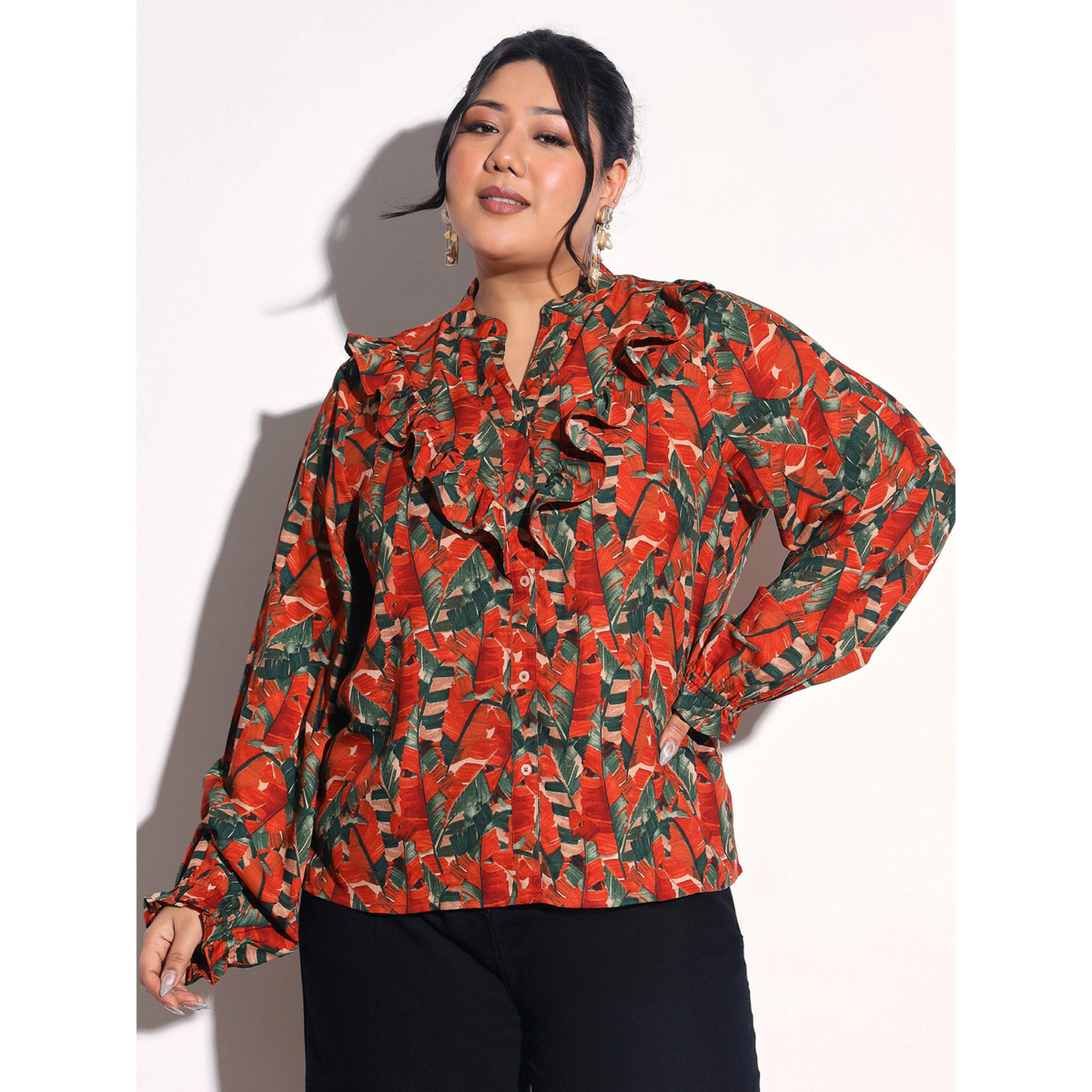Sassafras X Styli Plus Size Rust Tropical Print Front Frill Shirt-women-clothing-shirtsandblouses-shirts-image-6