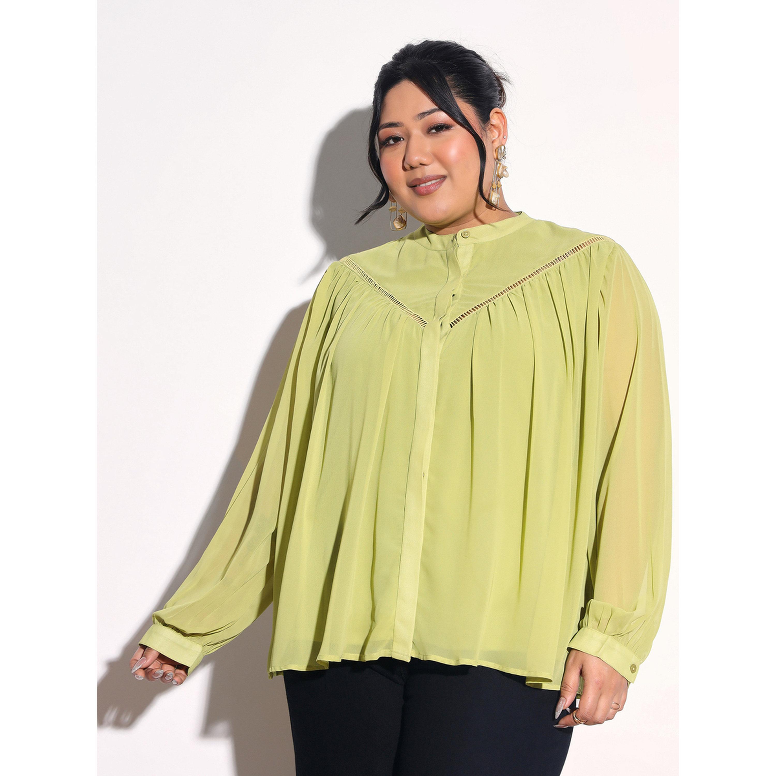 Sassafras X Styli Plus Size Green Chiffon Blouse with Lace Detail-women-clothing-shirtsandblouses-blouses-image-1
