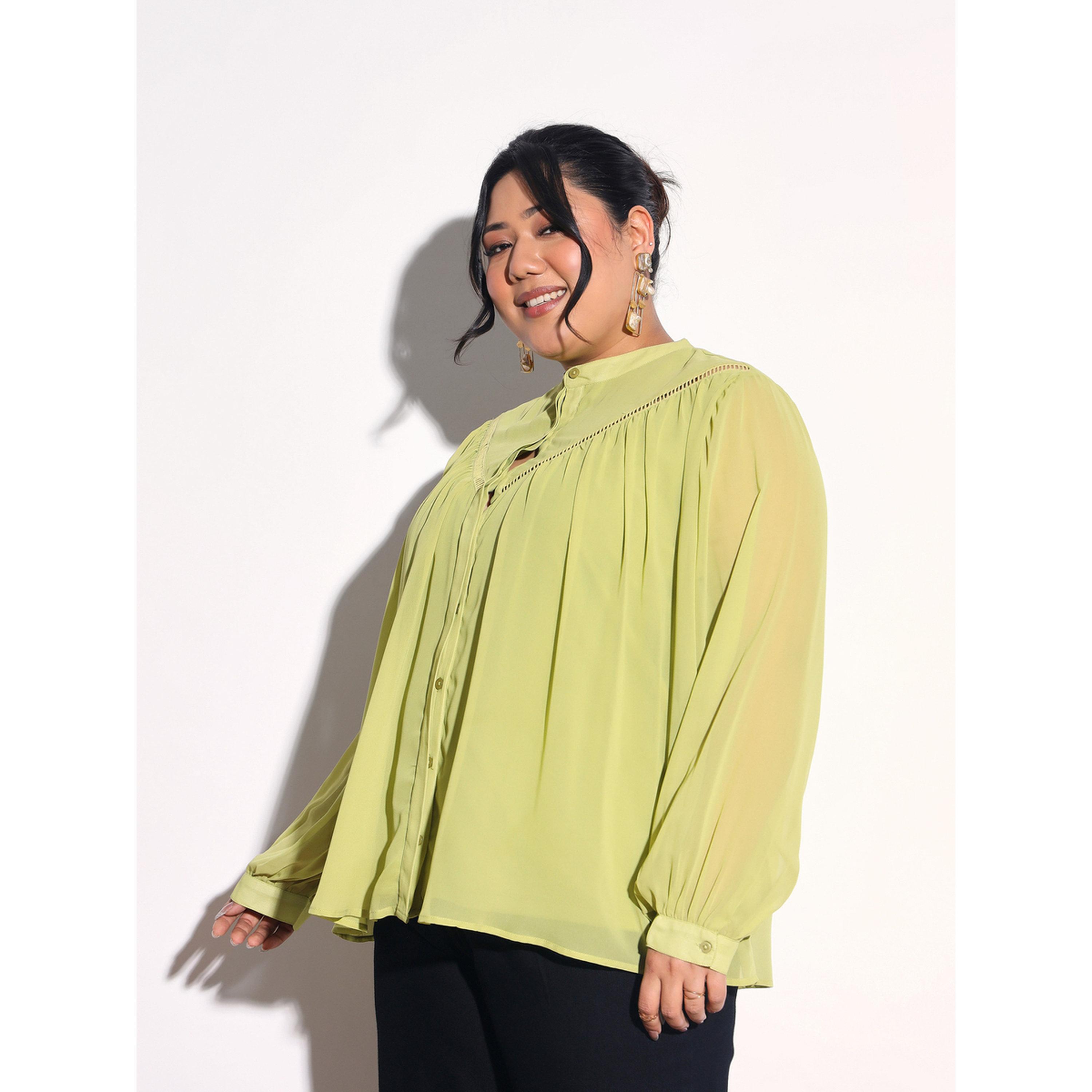 Sassafras X Styli Plus Size Green Chiffon Blouse with Lace Detail-women-clothing-shirtsandblouses-blouses-image-3