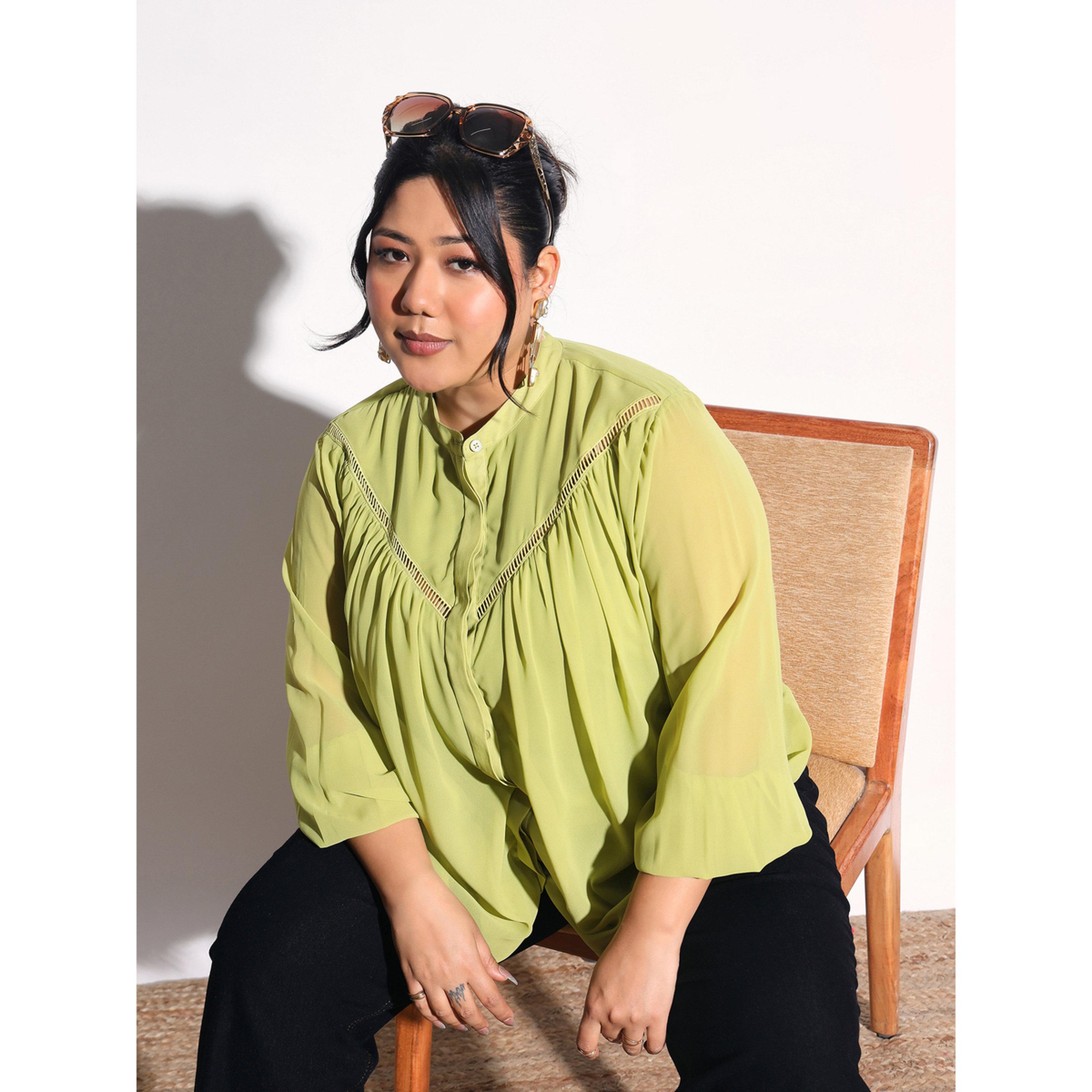 Sassafras X Styli Plus Size Green Chiffon Blouse with Lace Detail-women-clothing-shirtsandblouses-blouses-image-4