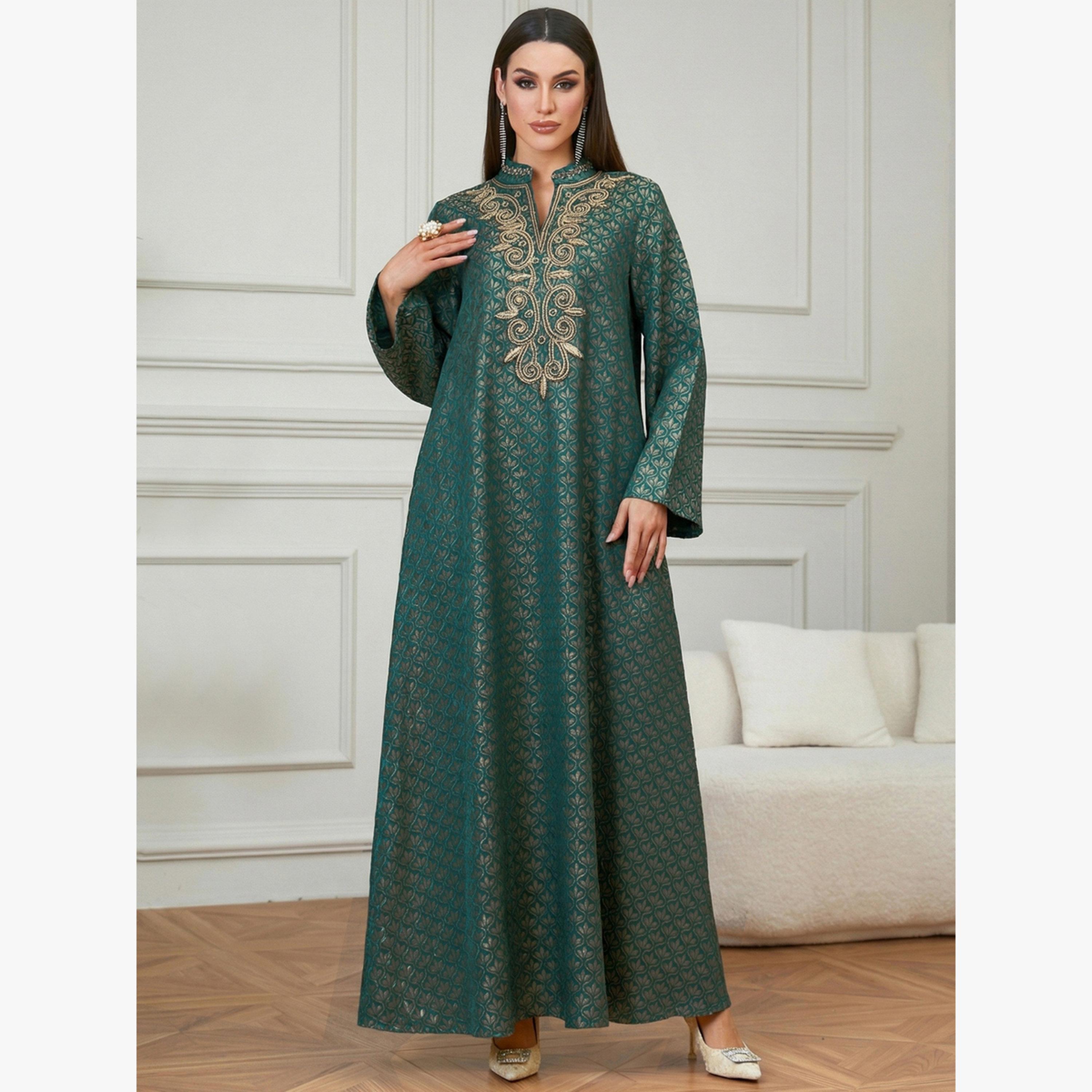 Take Two Dark Green Embroidered Pattern Jalabiya-women-arabicclothing-jalabiyas-image-1