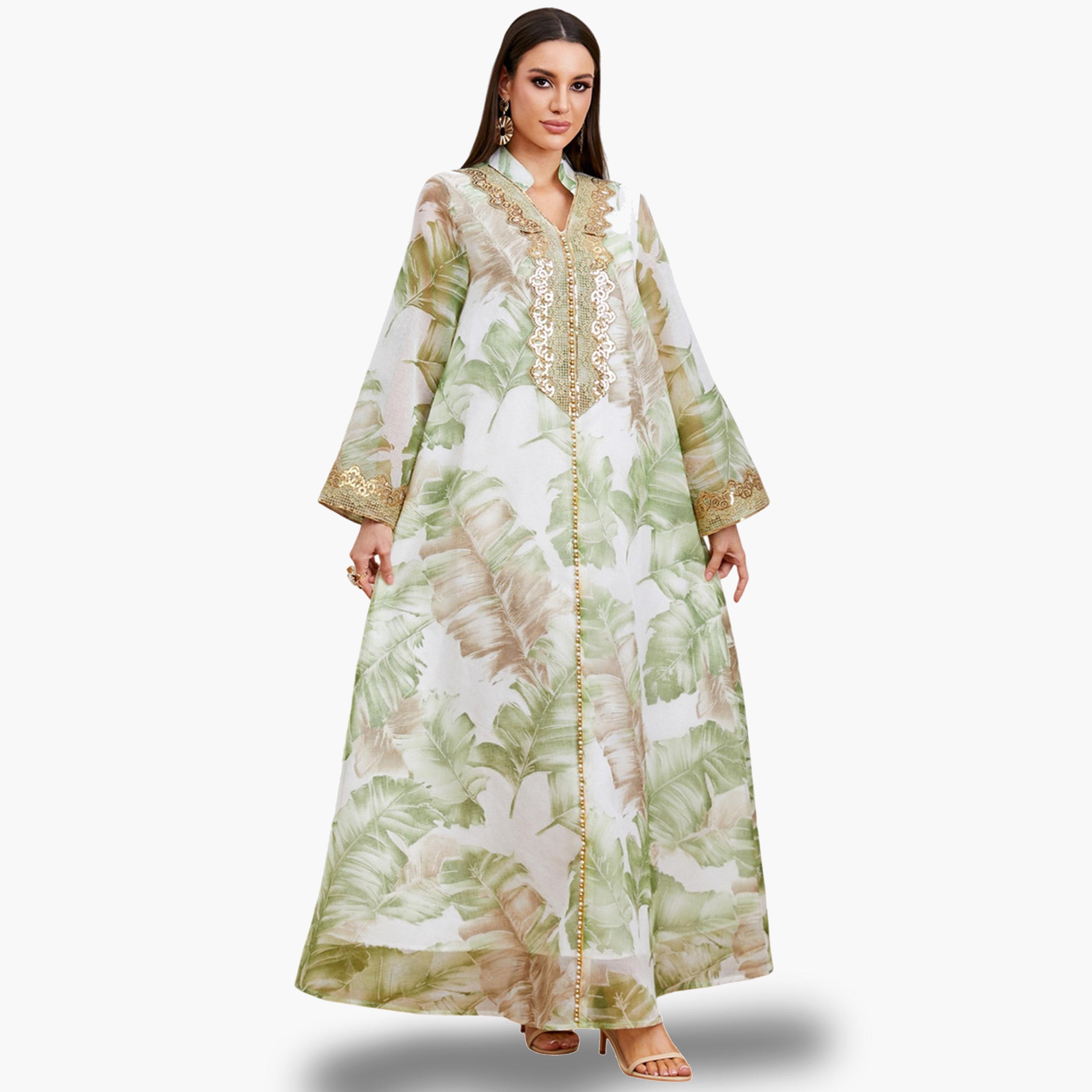 Take Two Green Leaf Print Jalabiya with Lace Patch-women-arabicclothing-jalabiyas-image-1