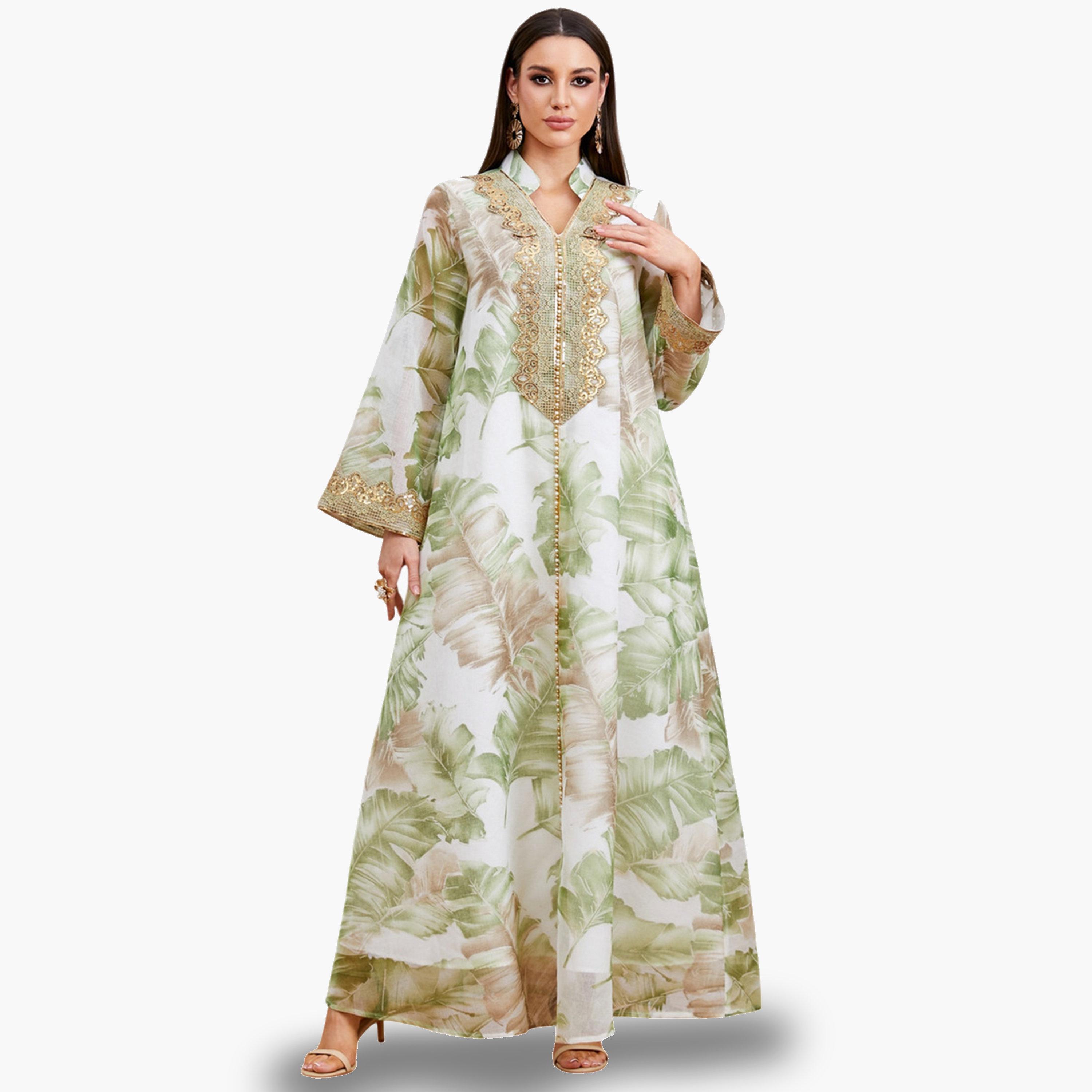 جلابية بطبعة أوراق شجر مع رقعة دانتيل-women-arabicclothing-jalabiyas-image-2