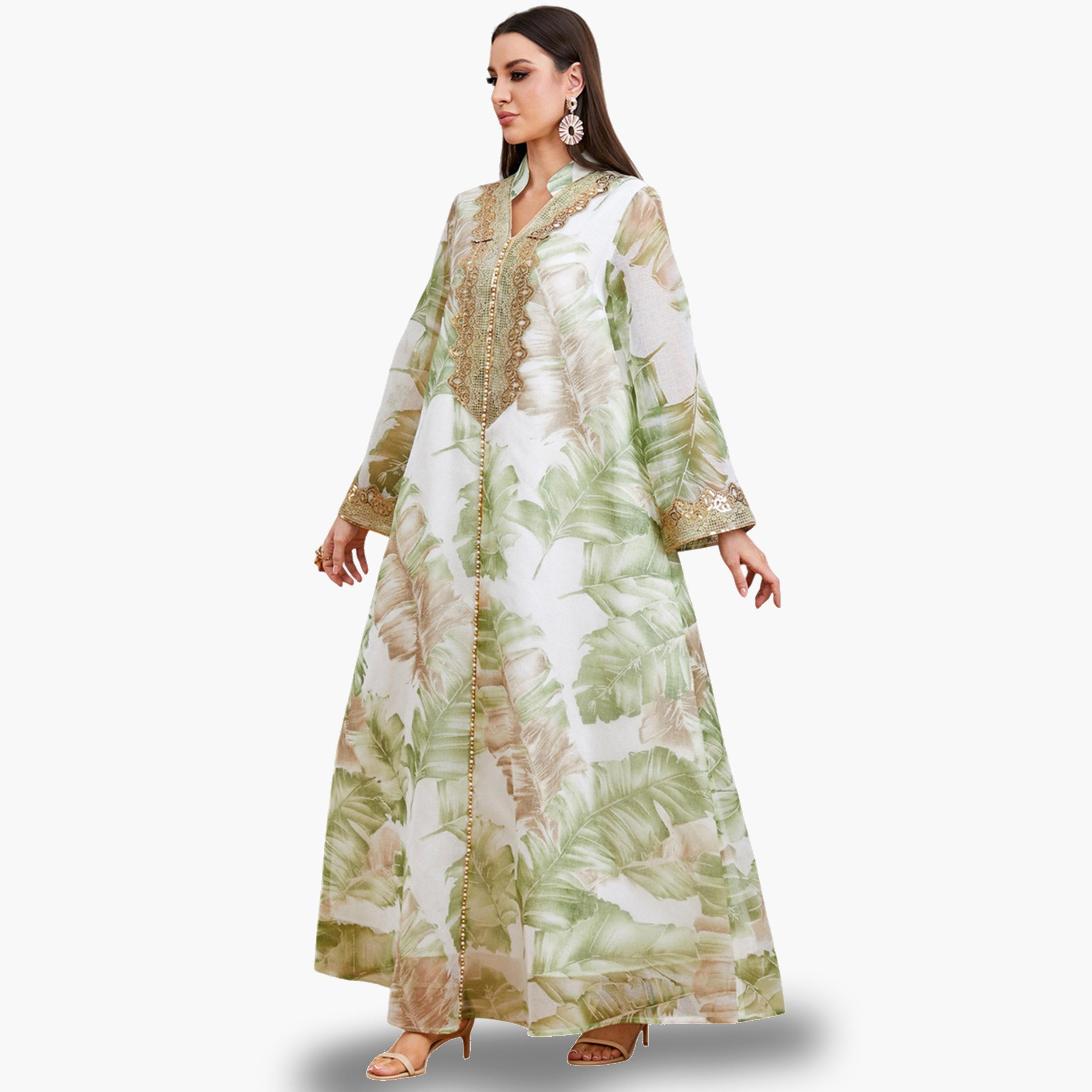 جلابية بطبعة أوراق شجر مع رقعة دانتيل-women-arabicclothing-jalabiyas-image-4