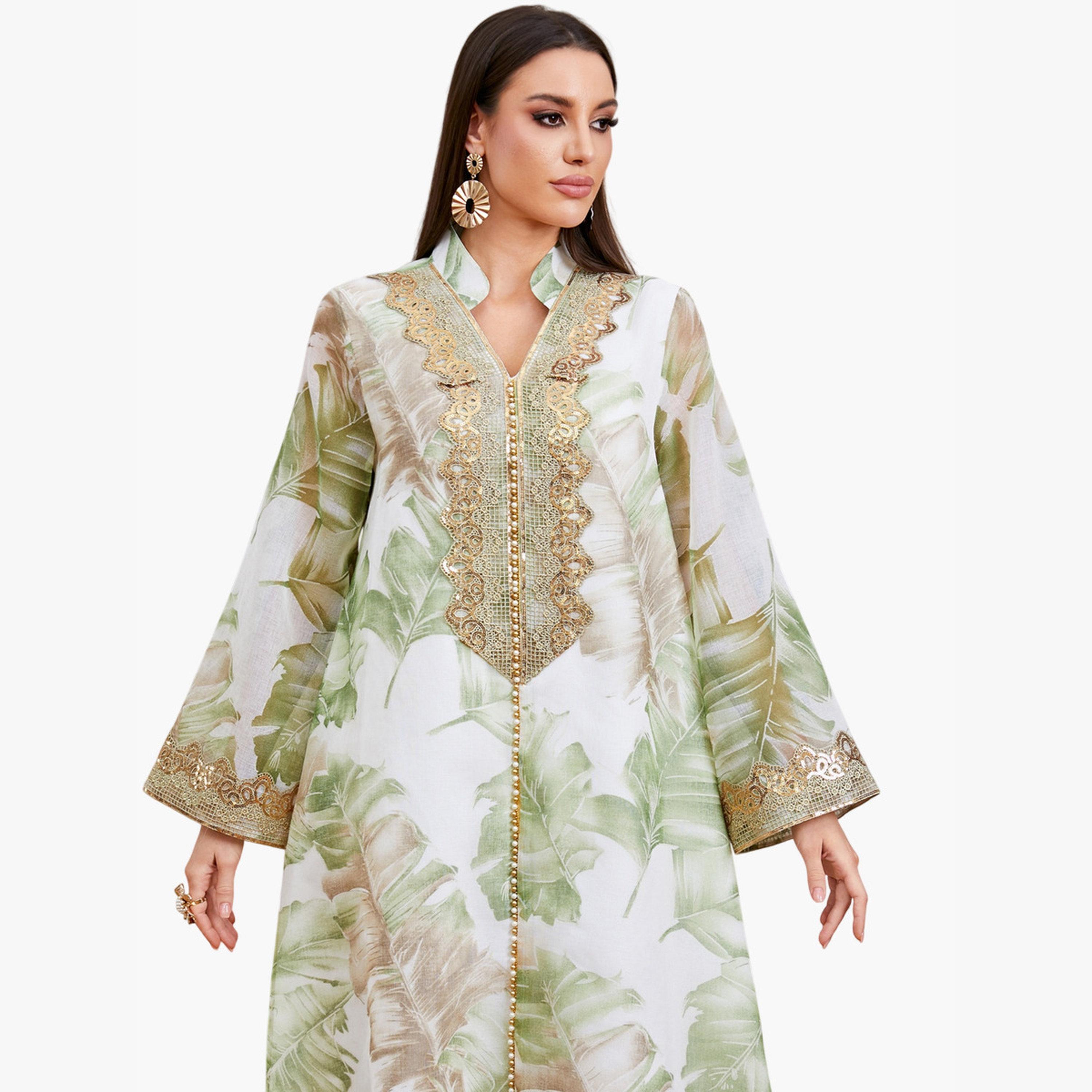 جلابية بطبعة أوراق شجر مع رقعة دانتيل-women-arabicclothing-jalabiyas-image-5