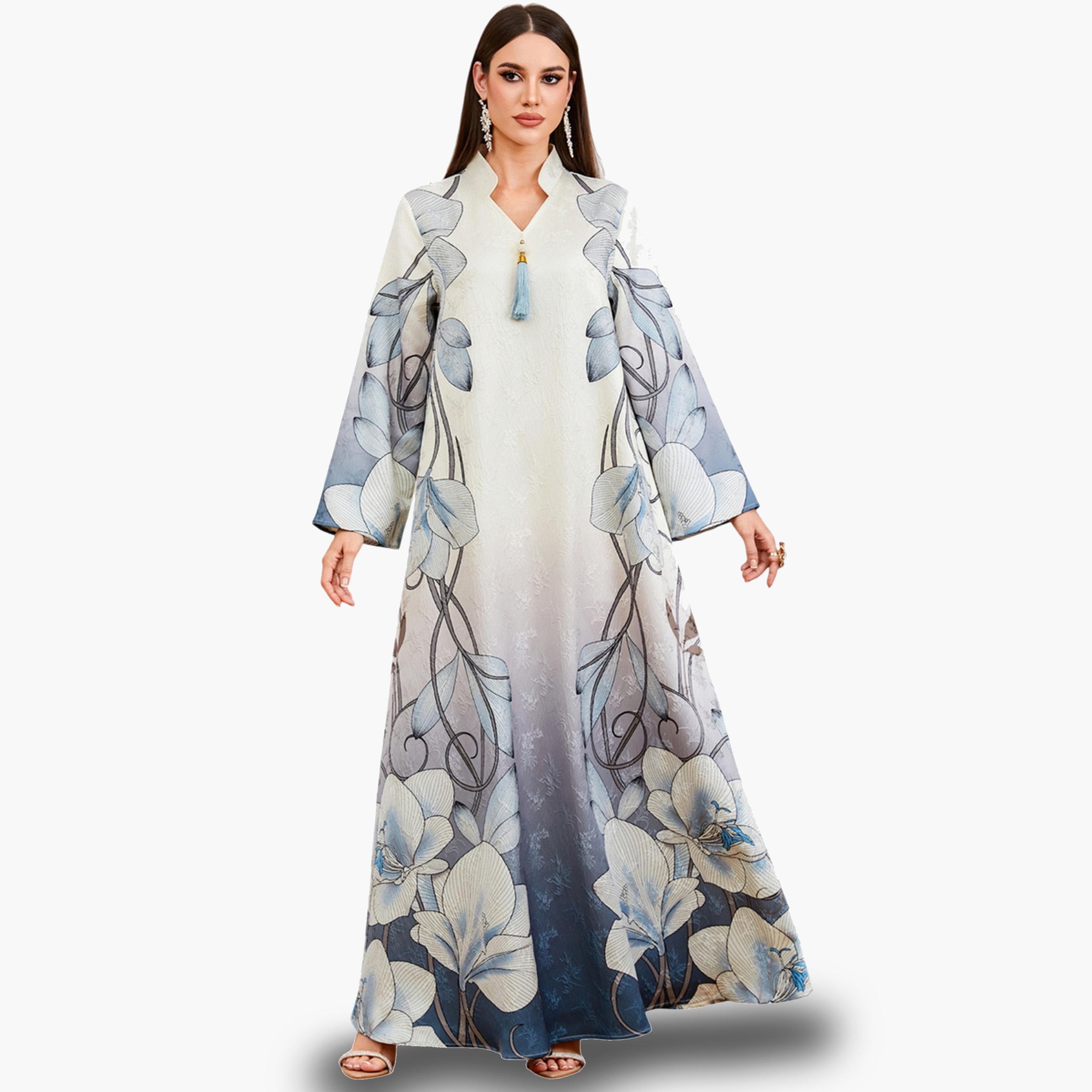 جلابية بنقشة زهور وتفاصيل شرابات وحافة واسعة-women-arabicclothing-jalabiyas-image-1