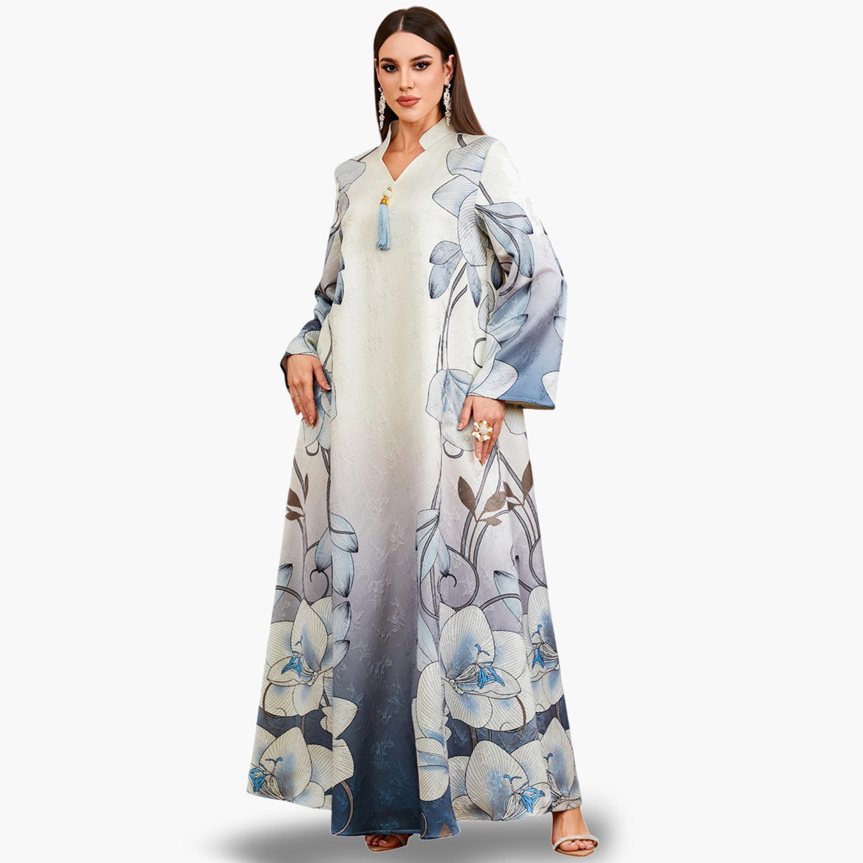 جلابية بنقشة زهور وتفاصيل شرابات وحافة واسعة-women-arabicclothing-jalabiyas-image-2
