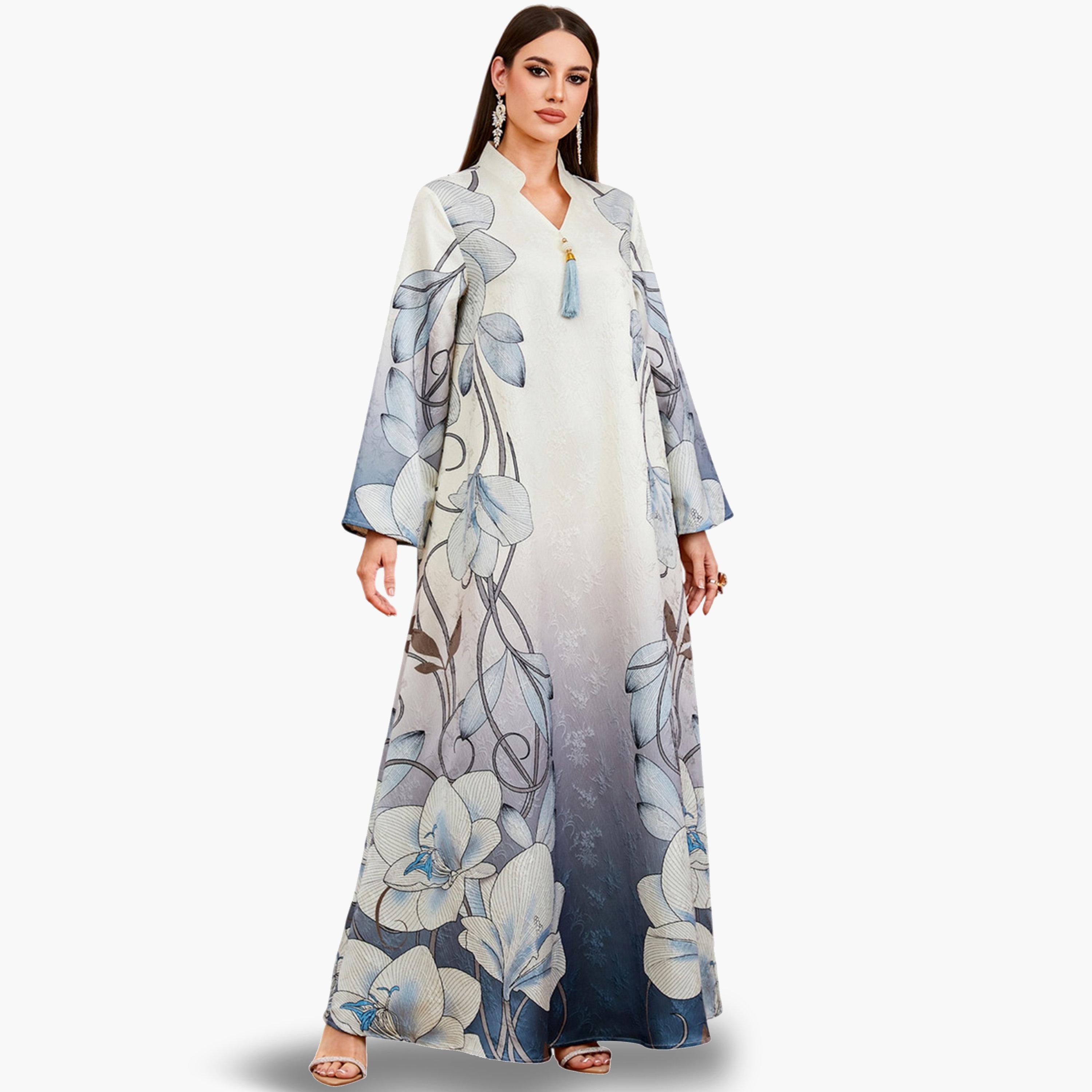 جلابية بنقشة زهور وتفاصيل شرابات وحافة واسعة-women-arabicclothing-jalabiyas-image-3