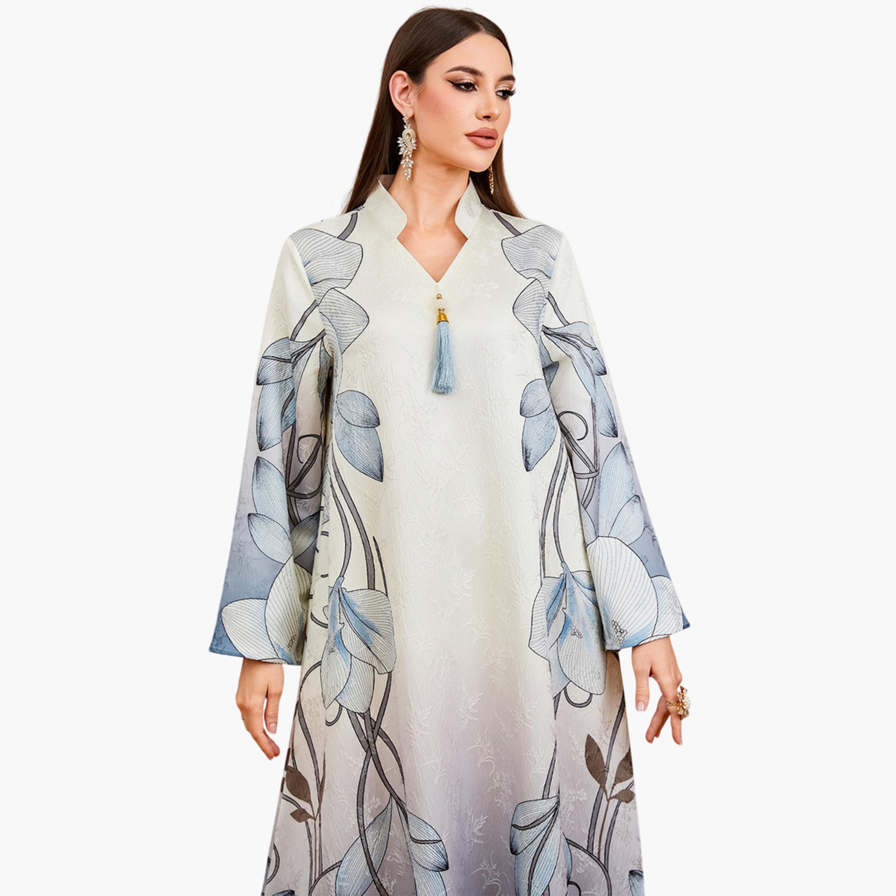 جلابية بنقشة زهور وتفاصيل شرابات وحافة واسعة-women-arabicclothing-jalabiyas-image-5