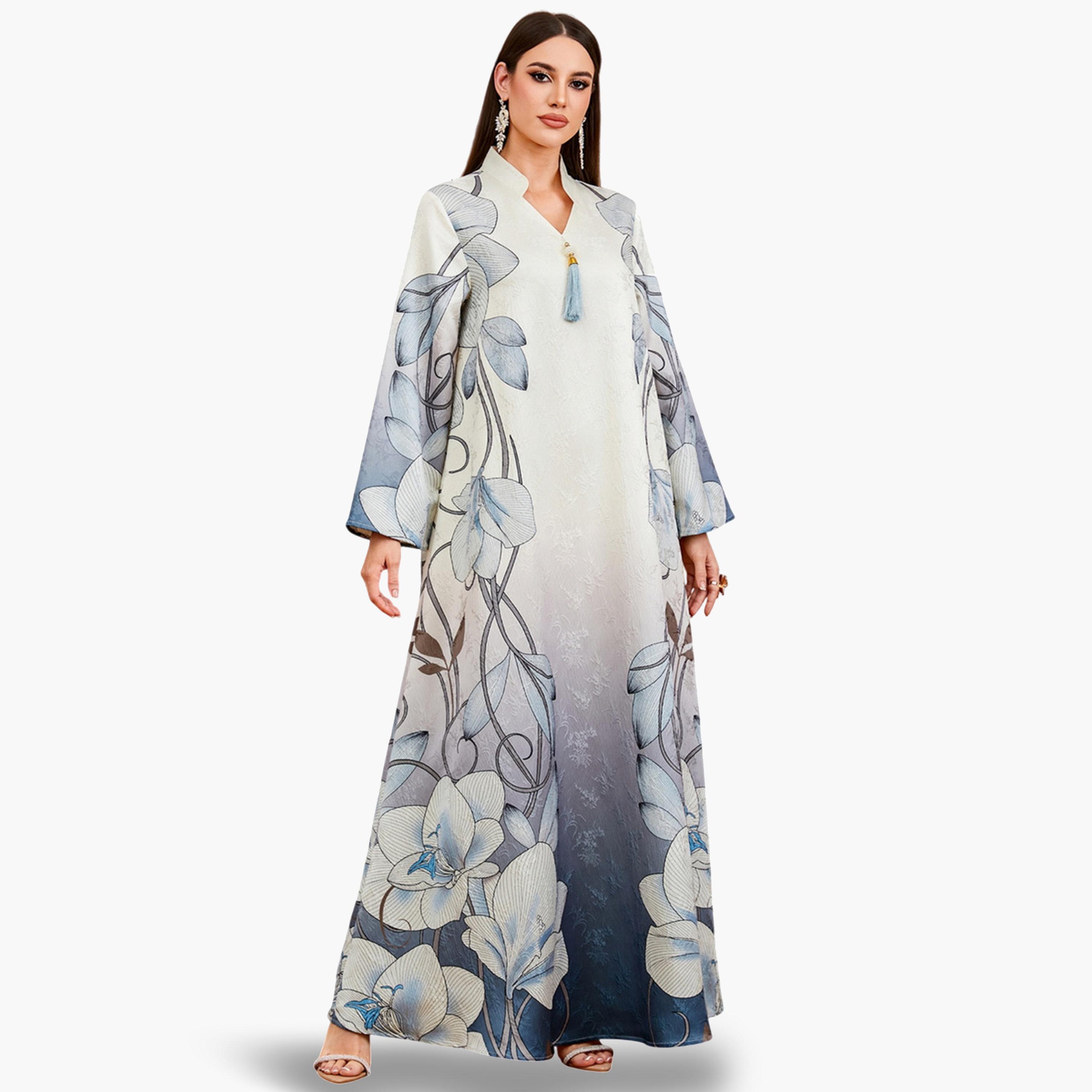 جلابية بنقشة زهور وتفاصيل شرابات وحافة واسعة-women-arabicclothing-jalabiyas-image-6
