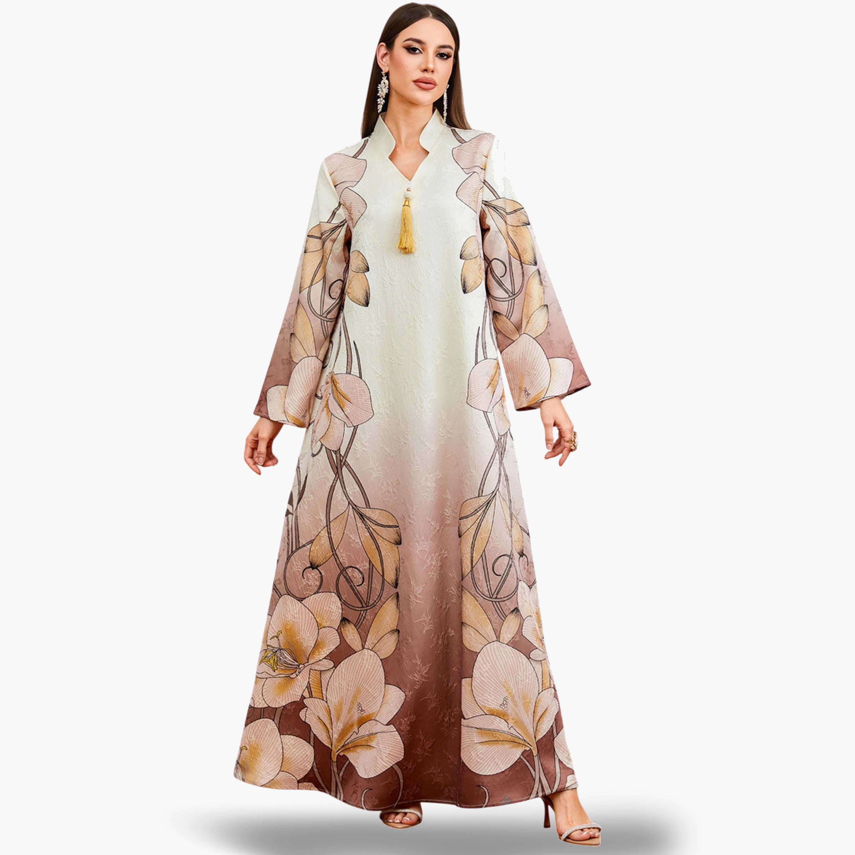 جلابية بنقشة زهور وتفاصيل شرابات وحافة واسعة-women-arabicclothing-jalabiyas-image-1