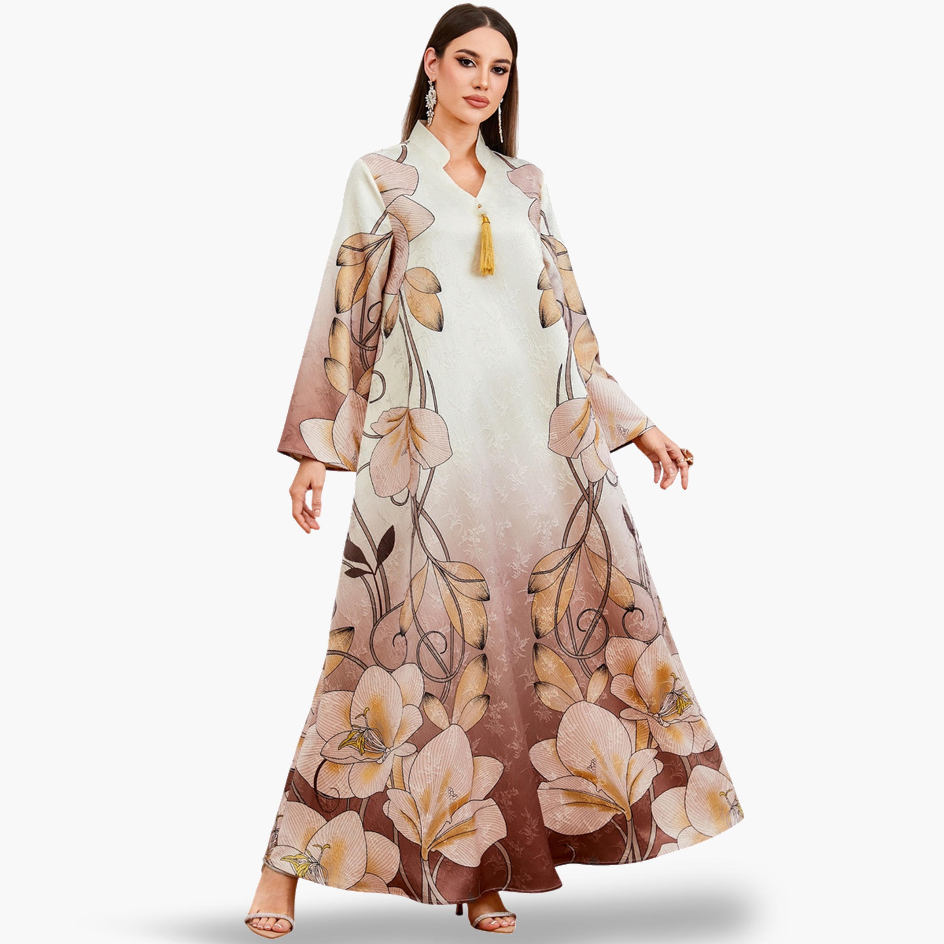 جلابية بنقشة زهور وتفاصيل شرابات وحافة واسعة-women-arabicclothing-jalabiyas-image-2