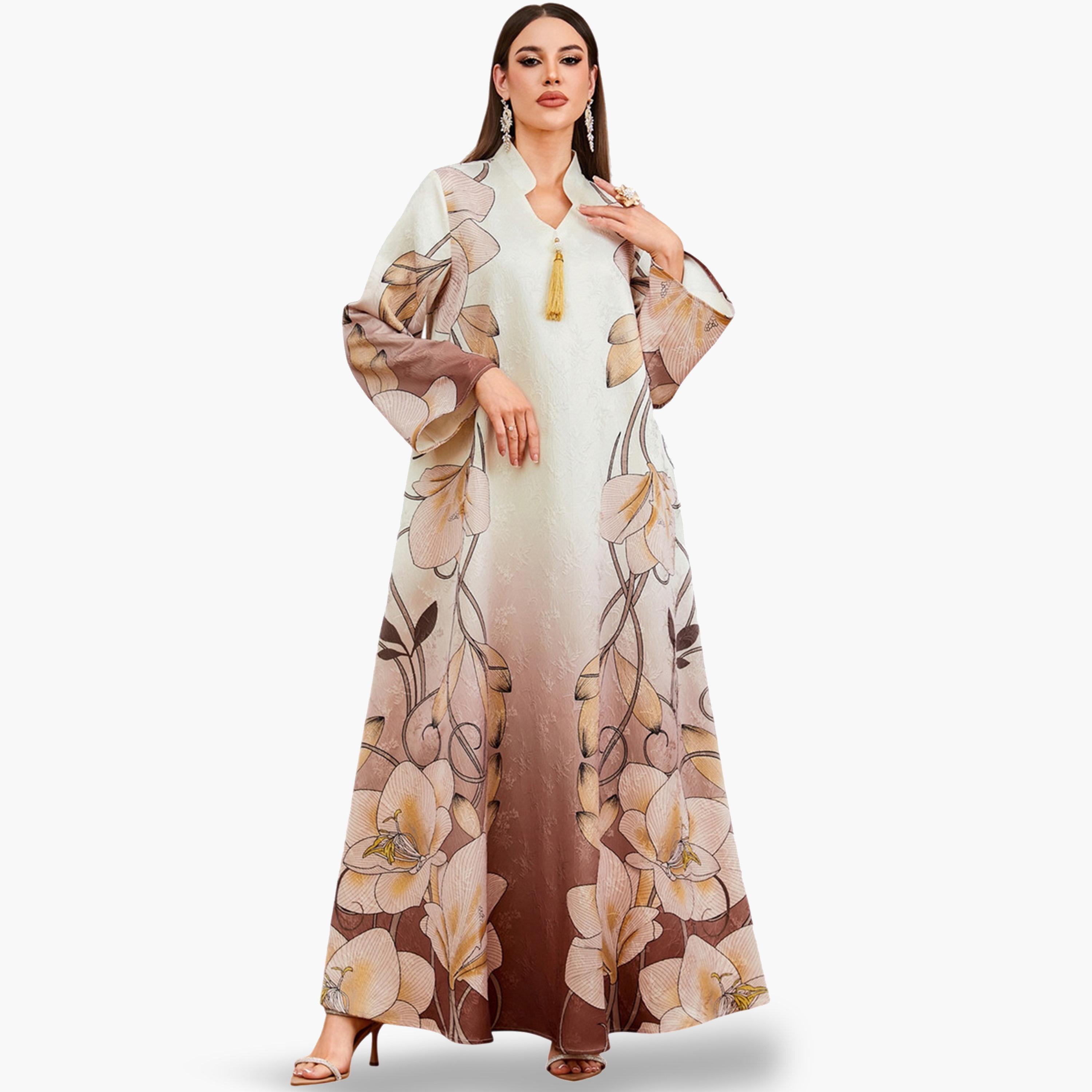 جلابية بنقشة زهور وتفاصيل شرابات وحافة واسعة-women-arabicclothing-jalabiyas-image-3