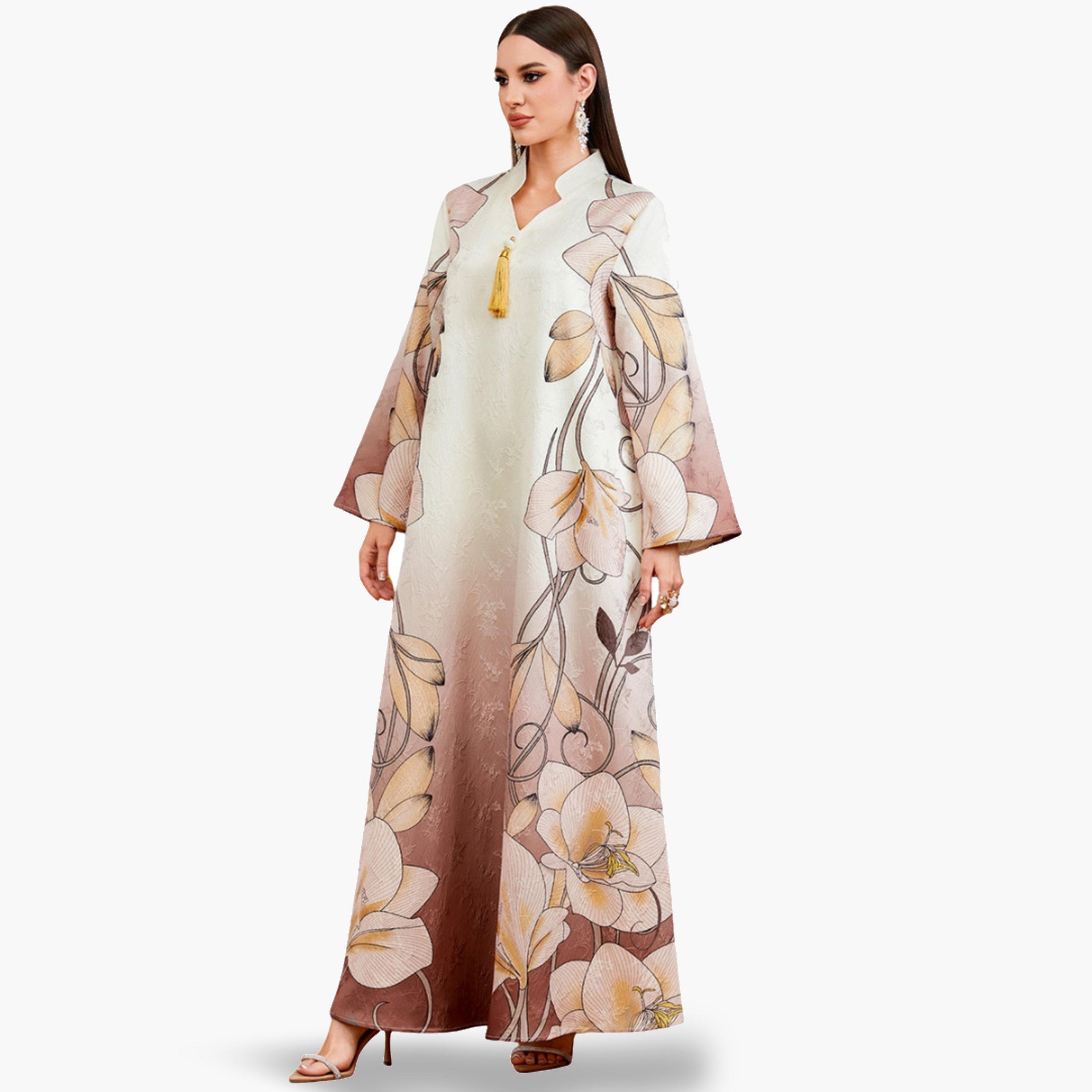 جلابية بنقشة زهور وتفاصيل شرابات وحافة واسعة-women-arabicclothing-jalabiyas-image-5