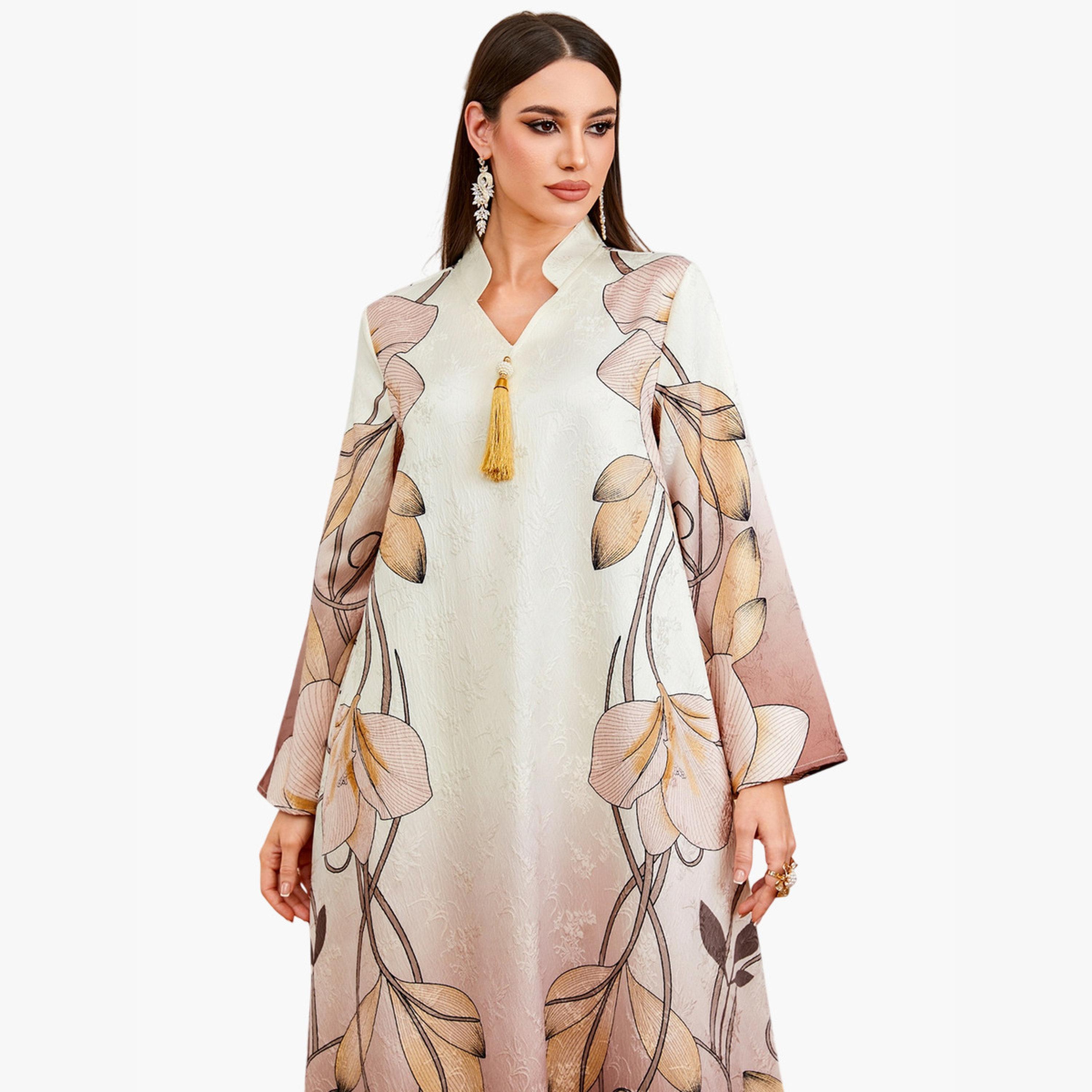 جلابية بنقشة زهور وتفاصيل شرابات وحافة واسعة-women-arabicclothing-jalabiyas-image-6