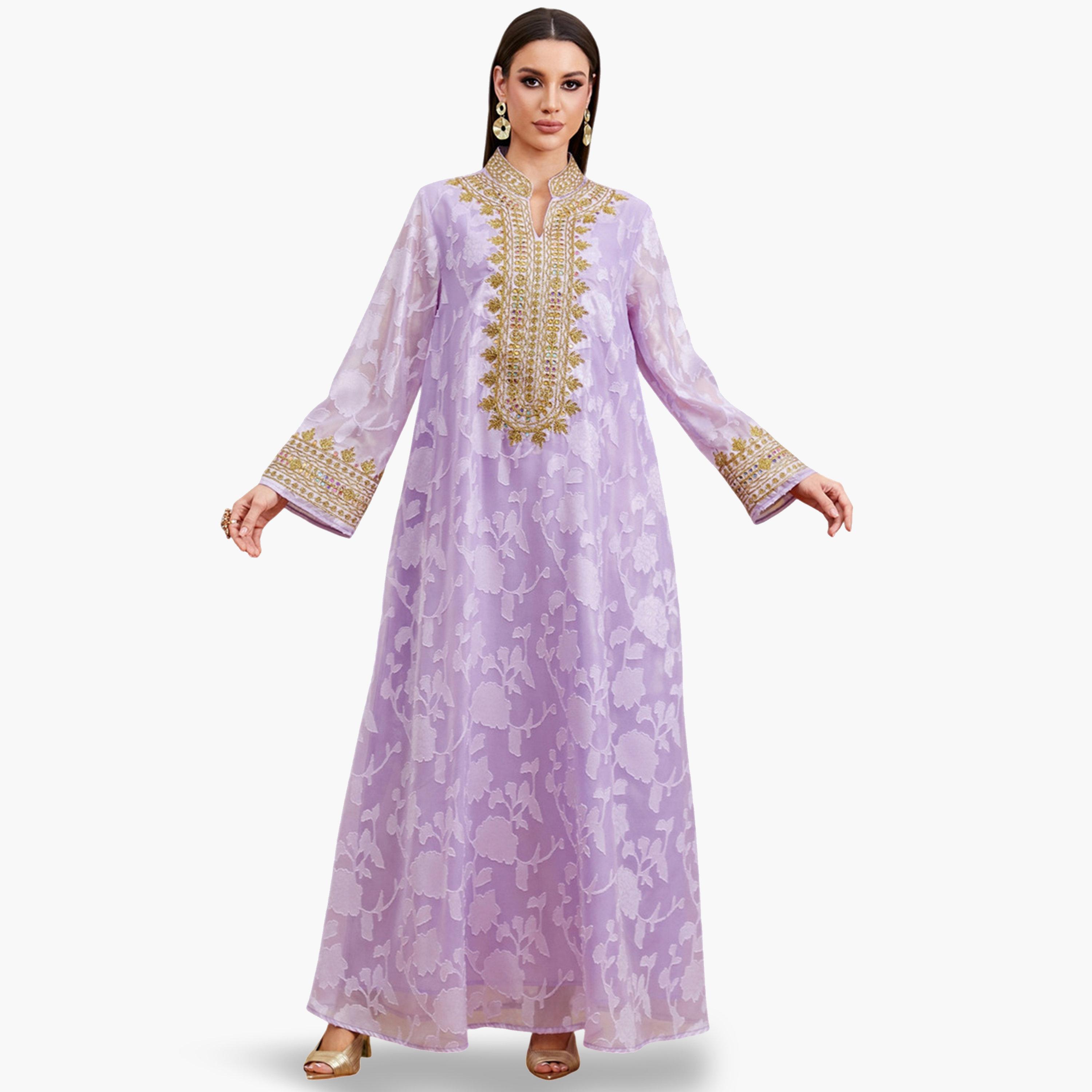Take Two Purple Floral Print Embroidered A-Line Jalabiya-women-arabicclothing-jalabiyas-image-1