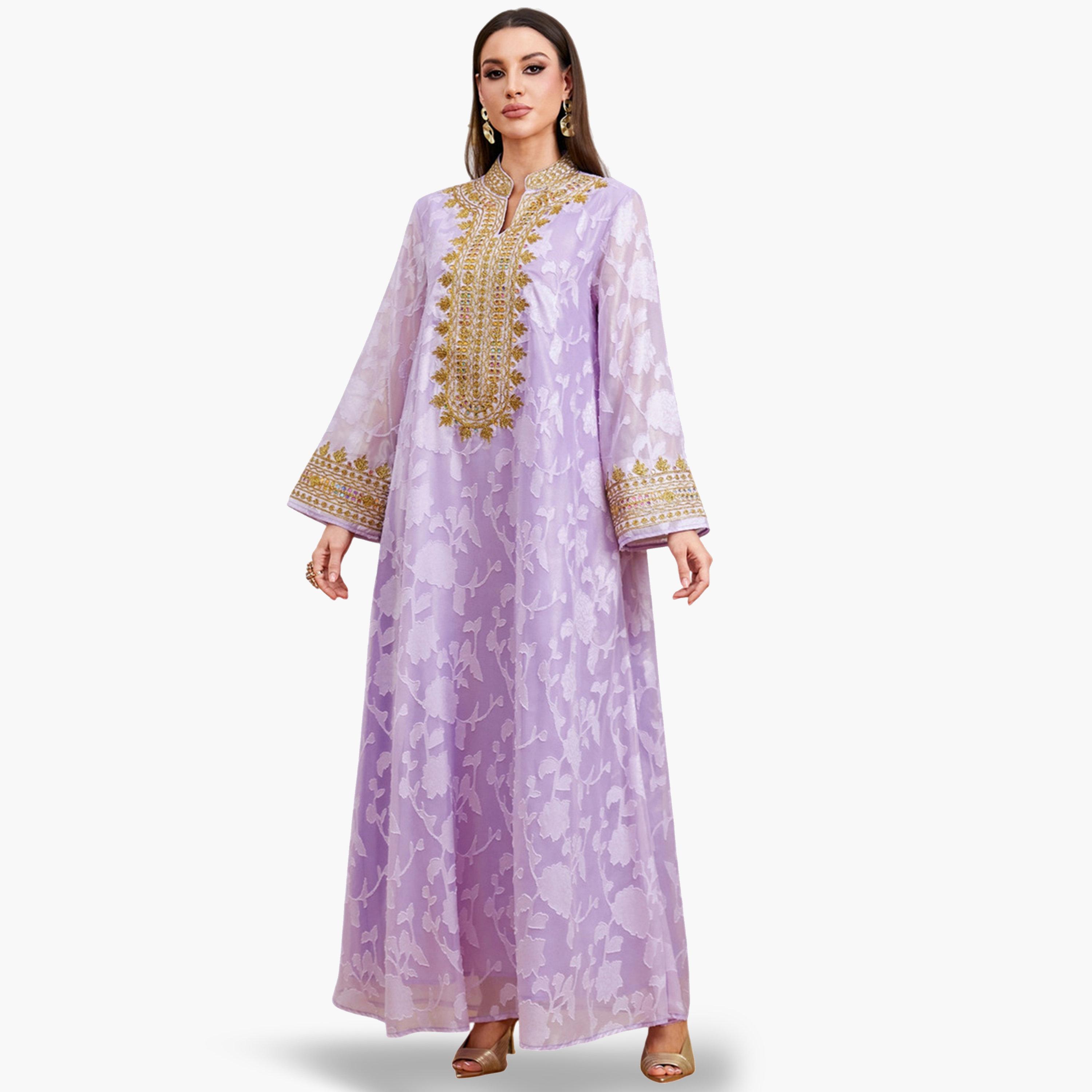 Take Two Purple Floral Print Embroidered A-Line Jalabiya-women-arabicclothing-jalabiyas-image-2