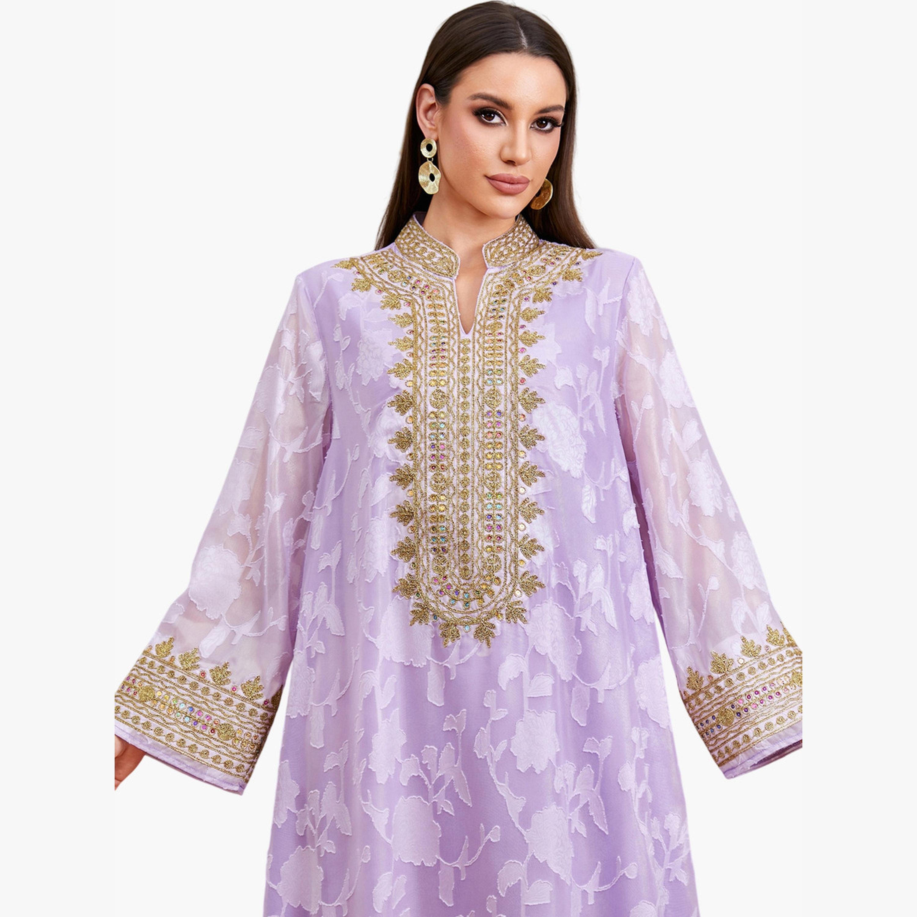 Take Two Purple Floral Print Embroidered A-Line Jalabiya-women-arabicclothing-jalabiyas-image-5