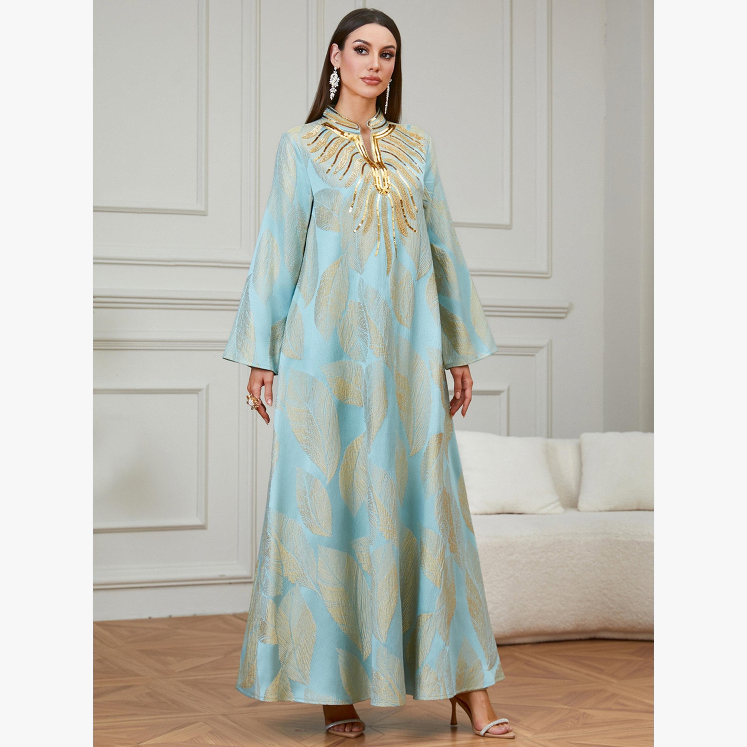 Take Two Light Blue Leaf Print Embroidered Jalabiya-women-arabicclothing-jalabiyas-image-2