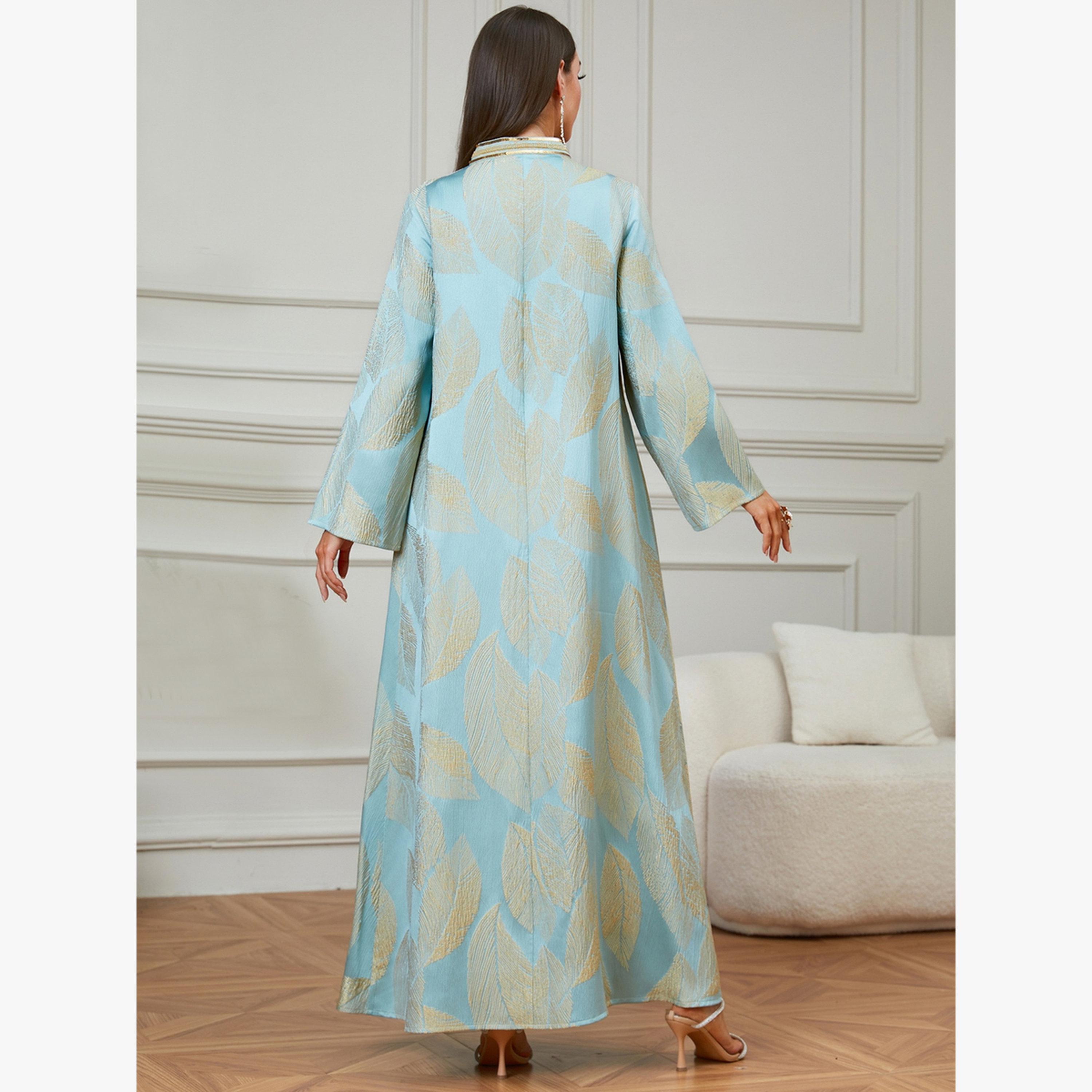 Take Two Light Blue Leaf Print Embroidered Jalabiya-women-arabicclothing-jalabiyas-image-4