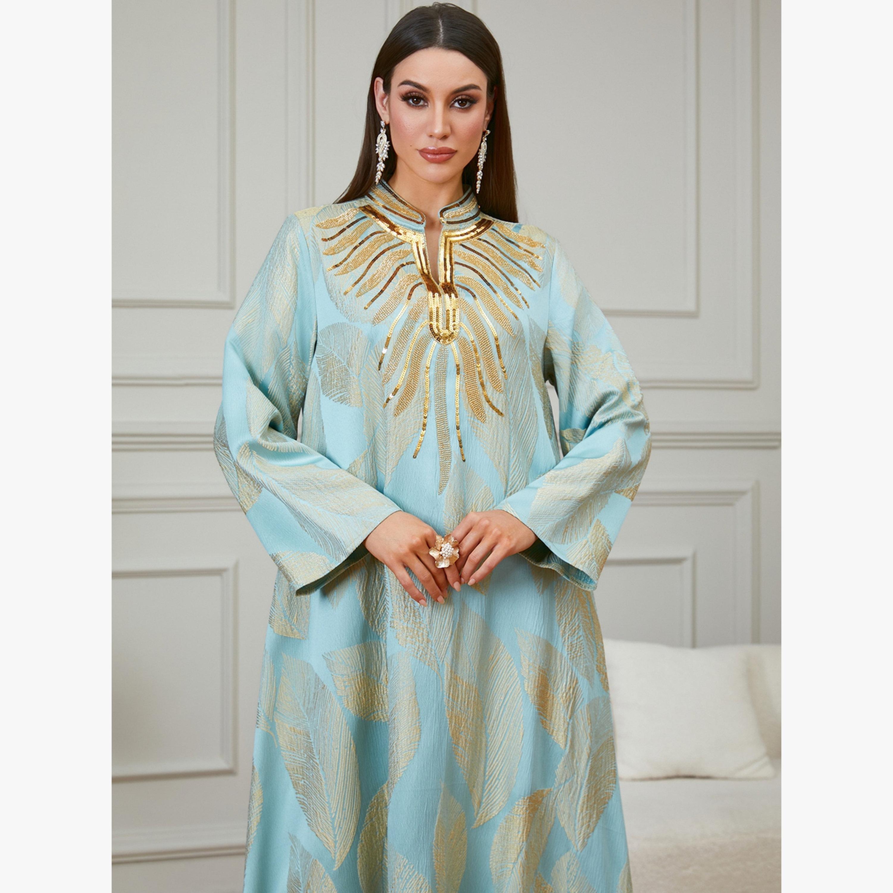 Take Two Light Blue Leaf Print Embroidered Jalabiya-women-arabicclothing-jalabiyas-image-5