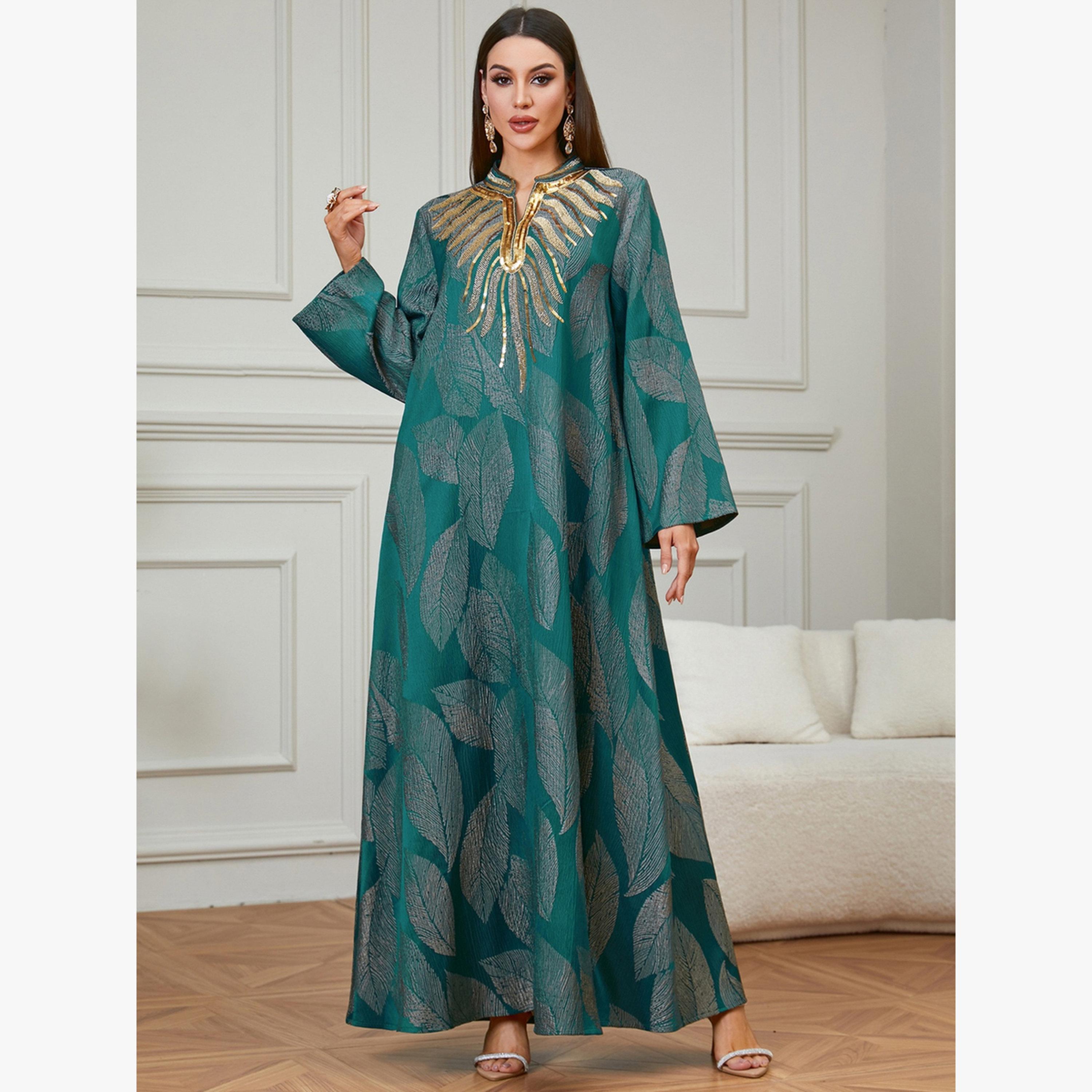 جلابية مطرزة بنقشة أوراق شجر-women-arabicclothing-jalabiyas-image-1