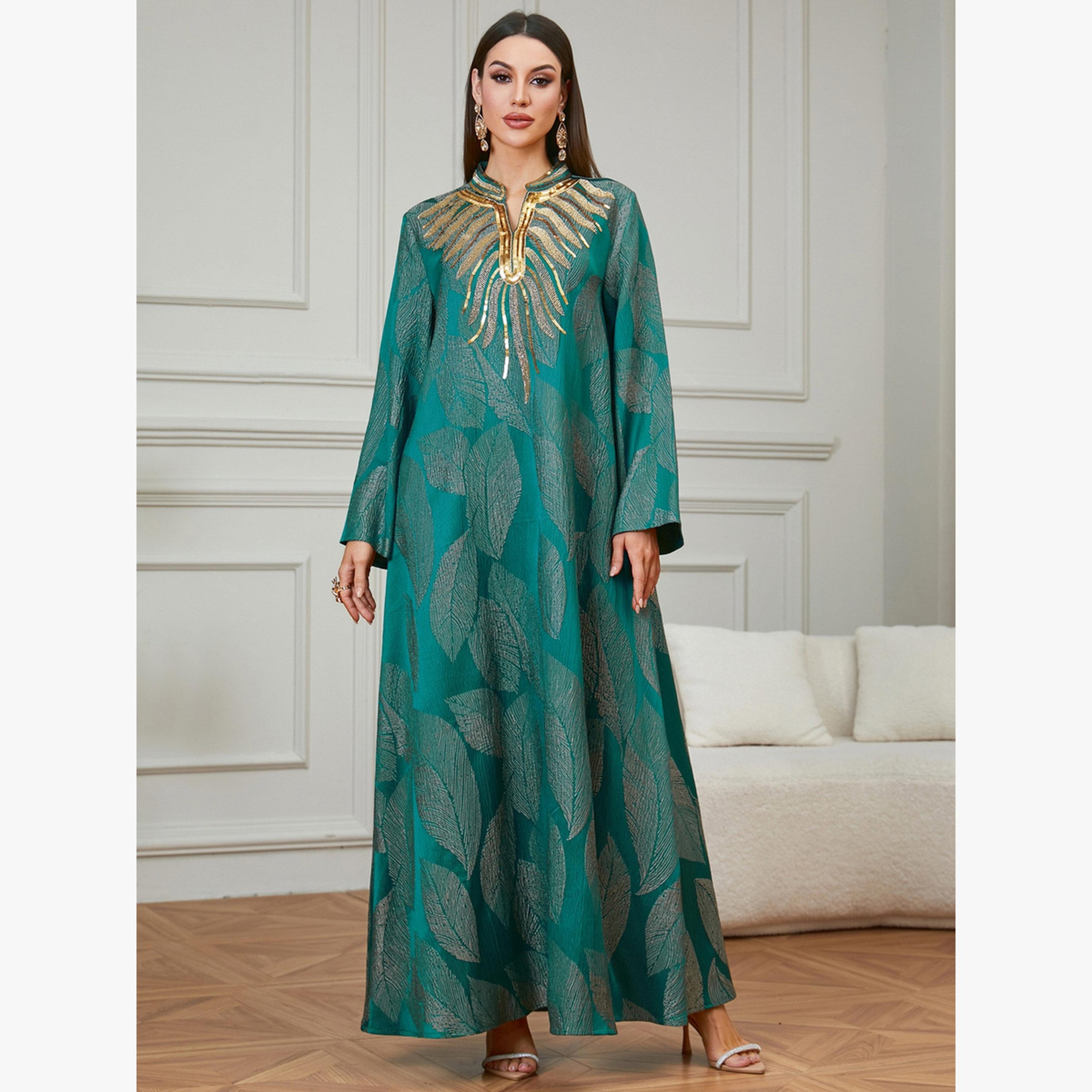 Take Two Emerald Green Leaf Print Embroidered Jalabiya-women-arabicclothing-jalabiyas-image-2