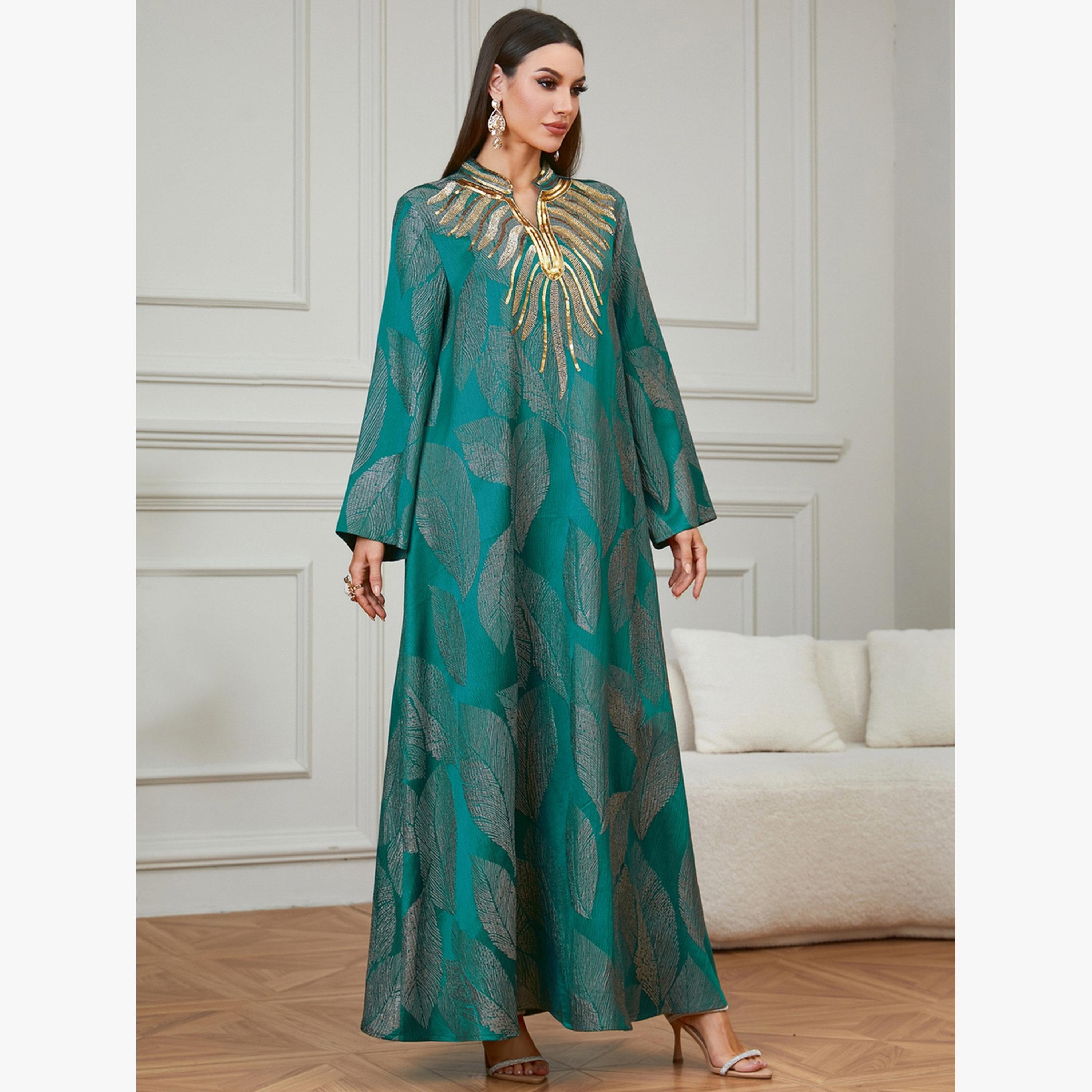 Take Two Emerald Green Leaf Print Embroidered Jalabiya-women-arabicclothing-jalabiyas-image-3