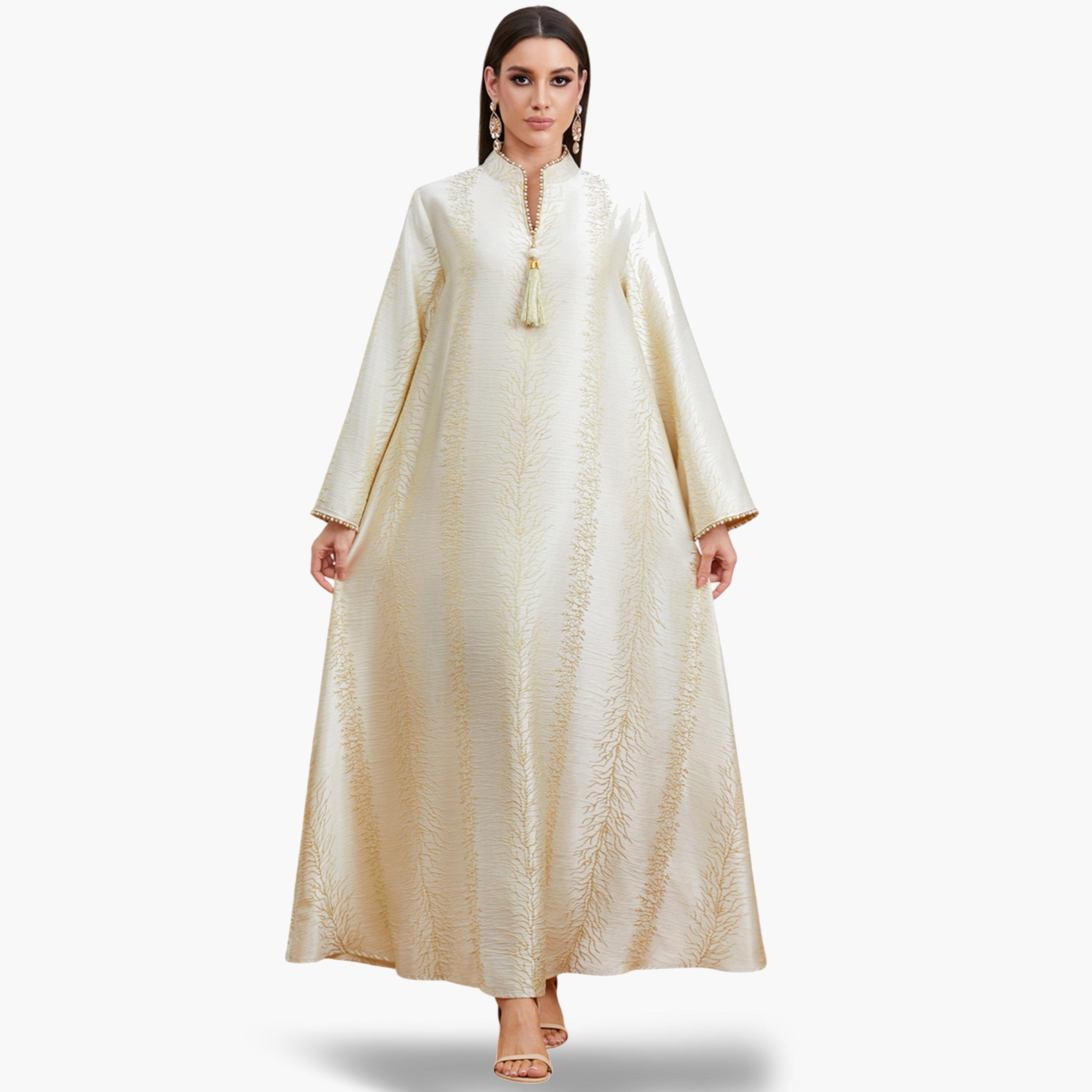 جلابية بارزة الملمس بتفاصيل شرابات وحافة واسعة-women-arabicclothing-jalabiyas-image-1
