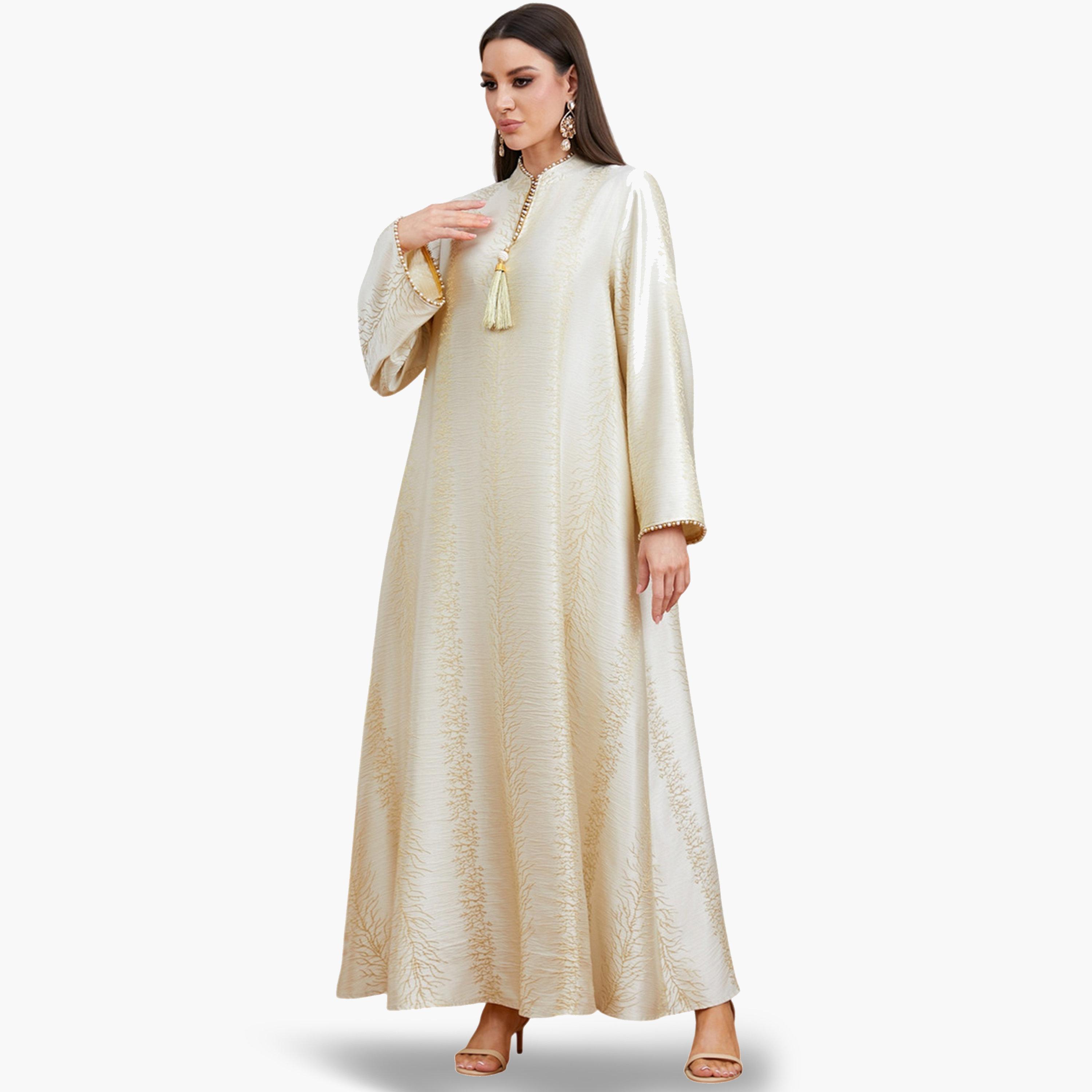جلابية بارزة الملمس بتفاصيل شرابات وحافة واسعة-women-arabicclothing-jalabiyas-image-2