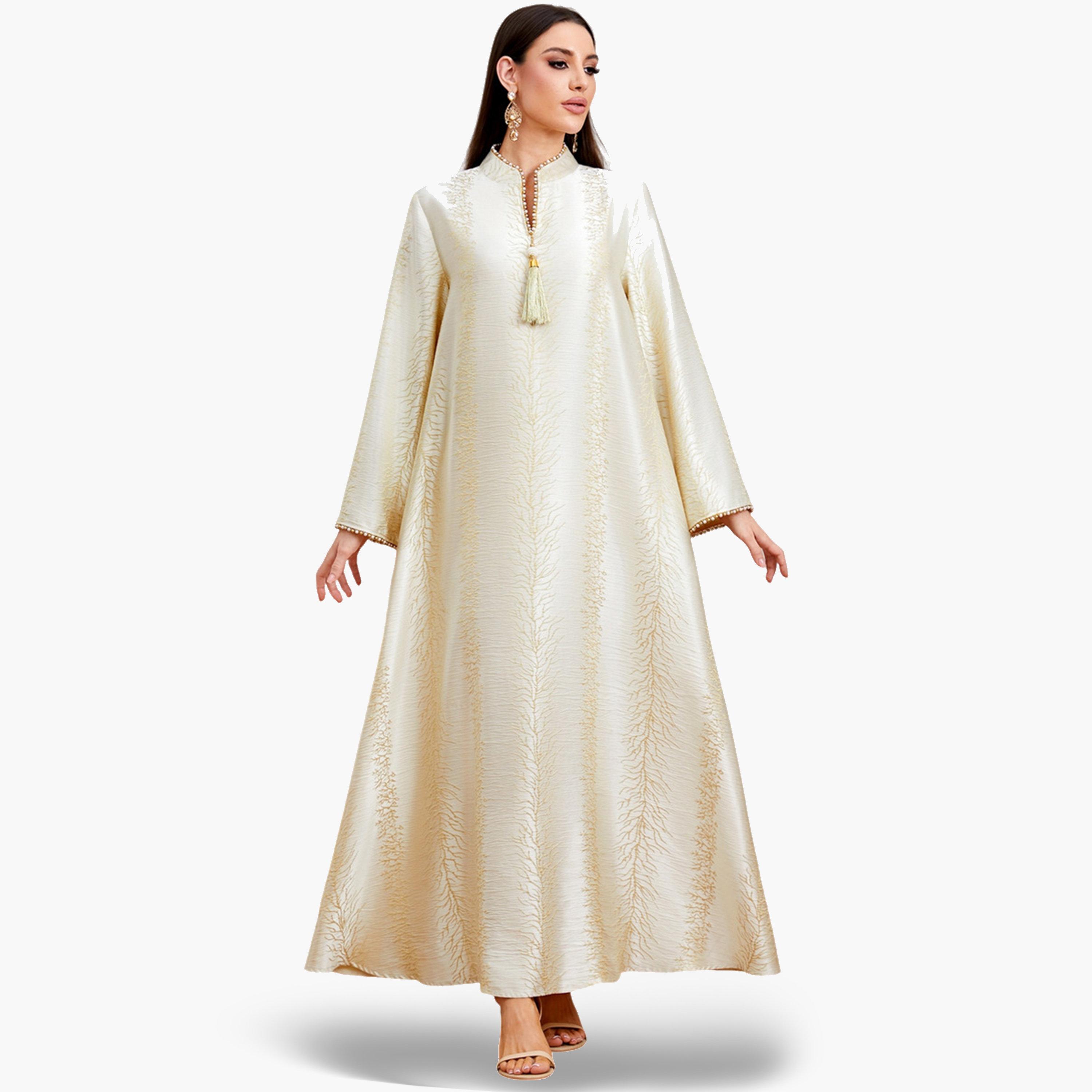جلابية بارزة الملمس بتفاصيل شرابات وحافة واسعة-women-arabicclothing-jalabiyas-image-3