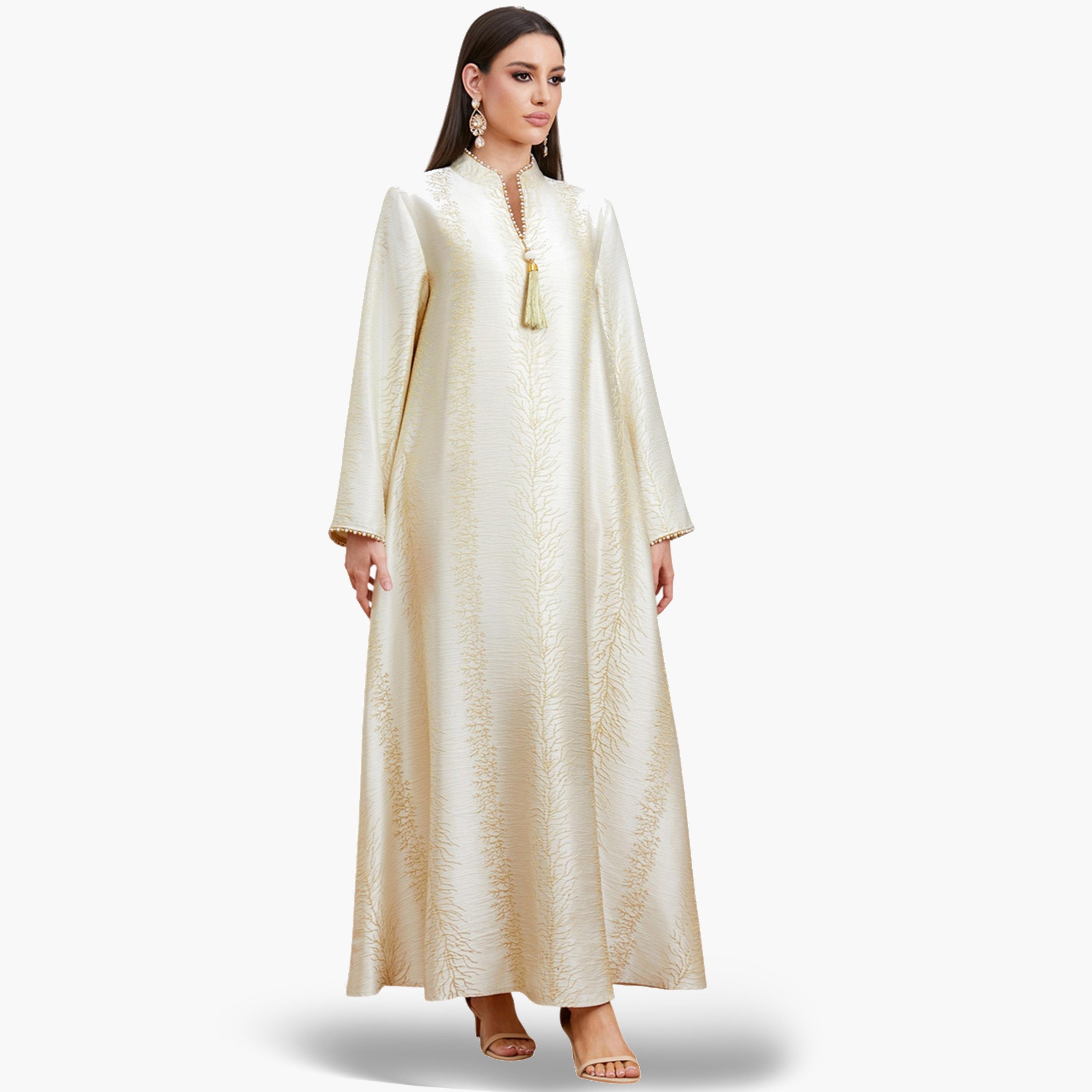 جلابية بارزة الملمس بتفاصيل شرابات وحافة واسعة-women-arabicclothing-jalabiyas-image-4