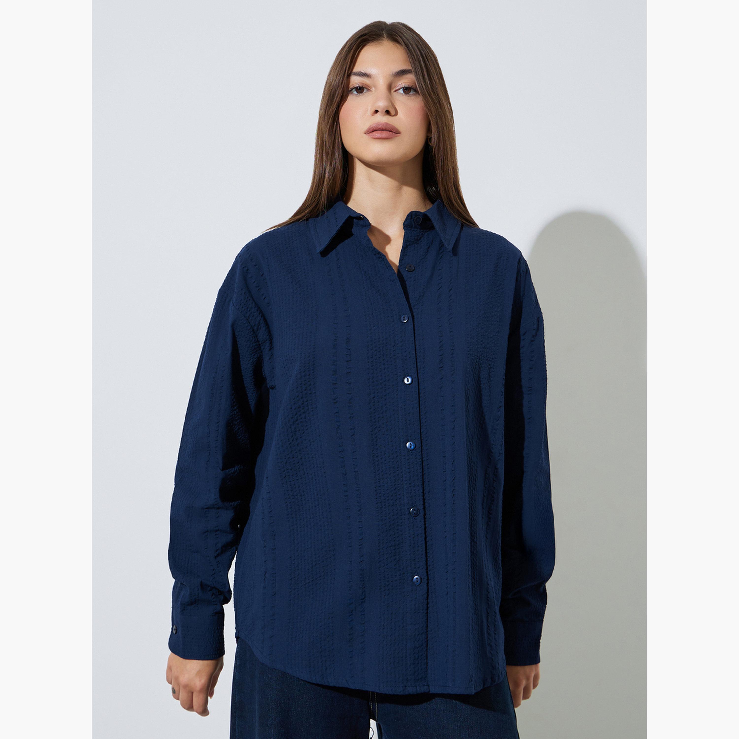 Styli Blue Textured Cotton Oversized Shirt-women-clothing-shirtsandblouses-shirts-image-1